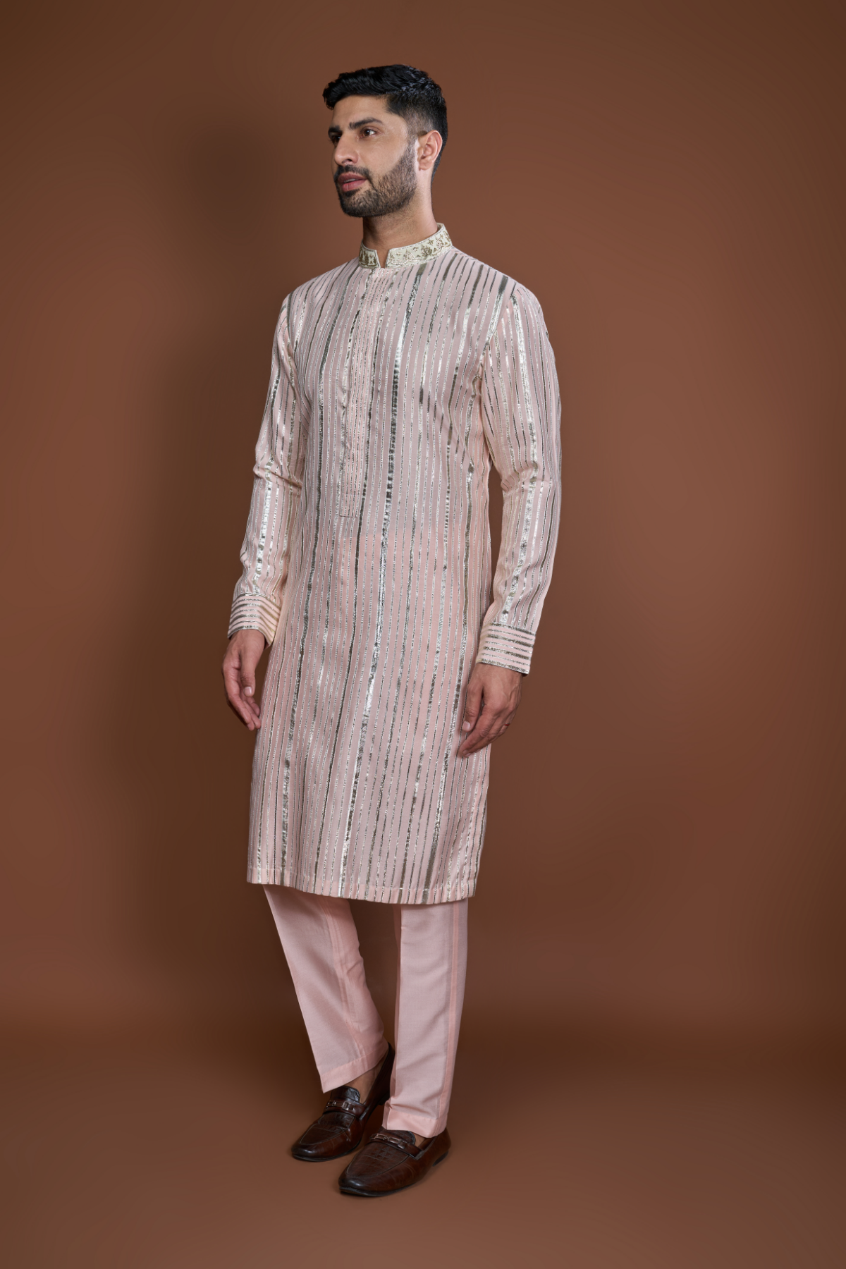 Peach zari textured kurta set