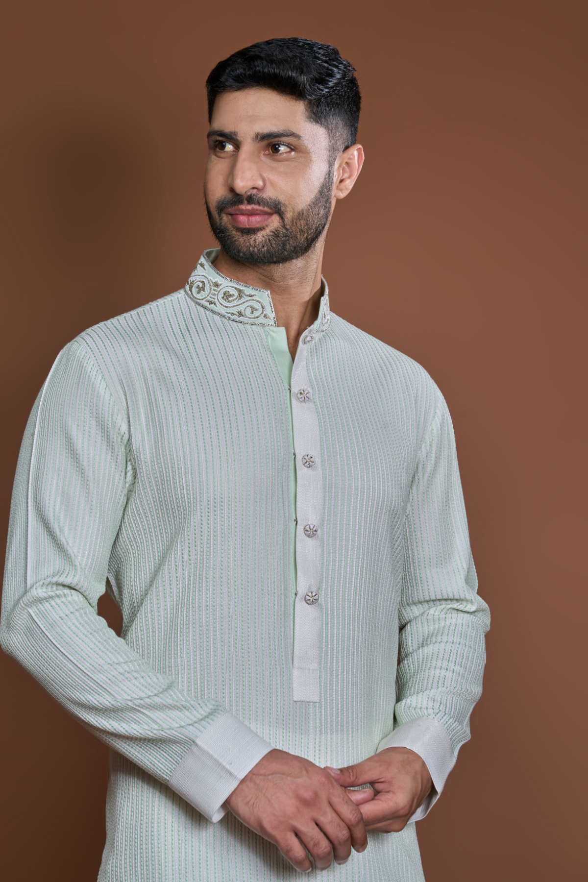 Off white sage green thread textured kurta set