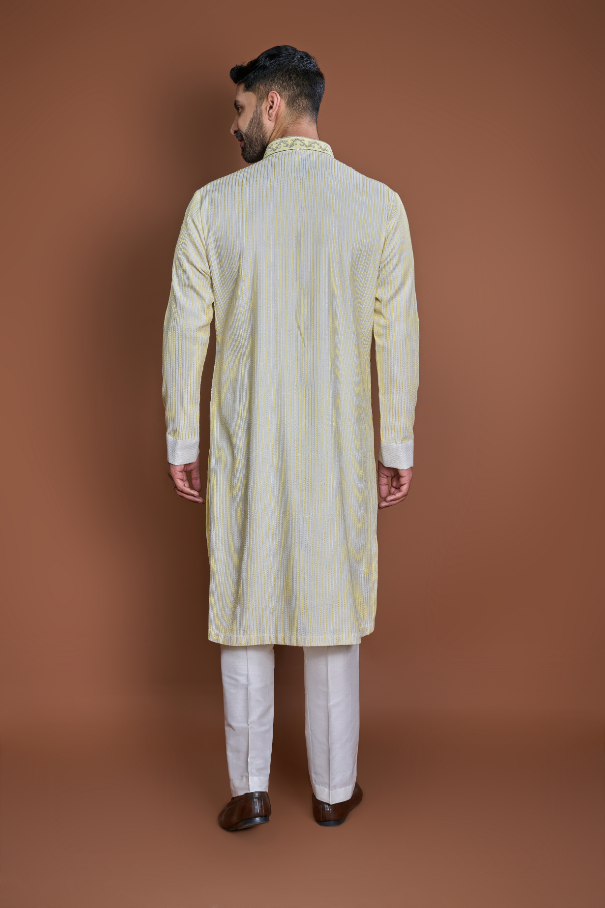 Off white yellow thread textured kurta set