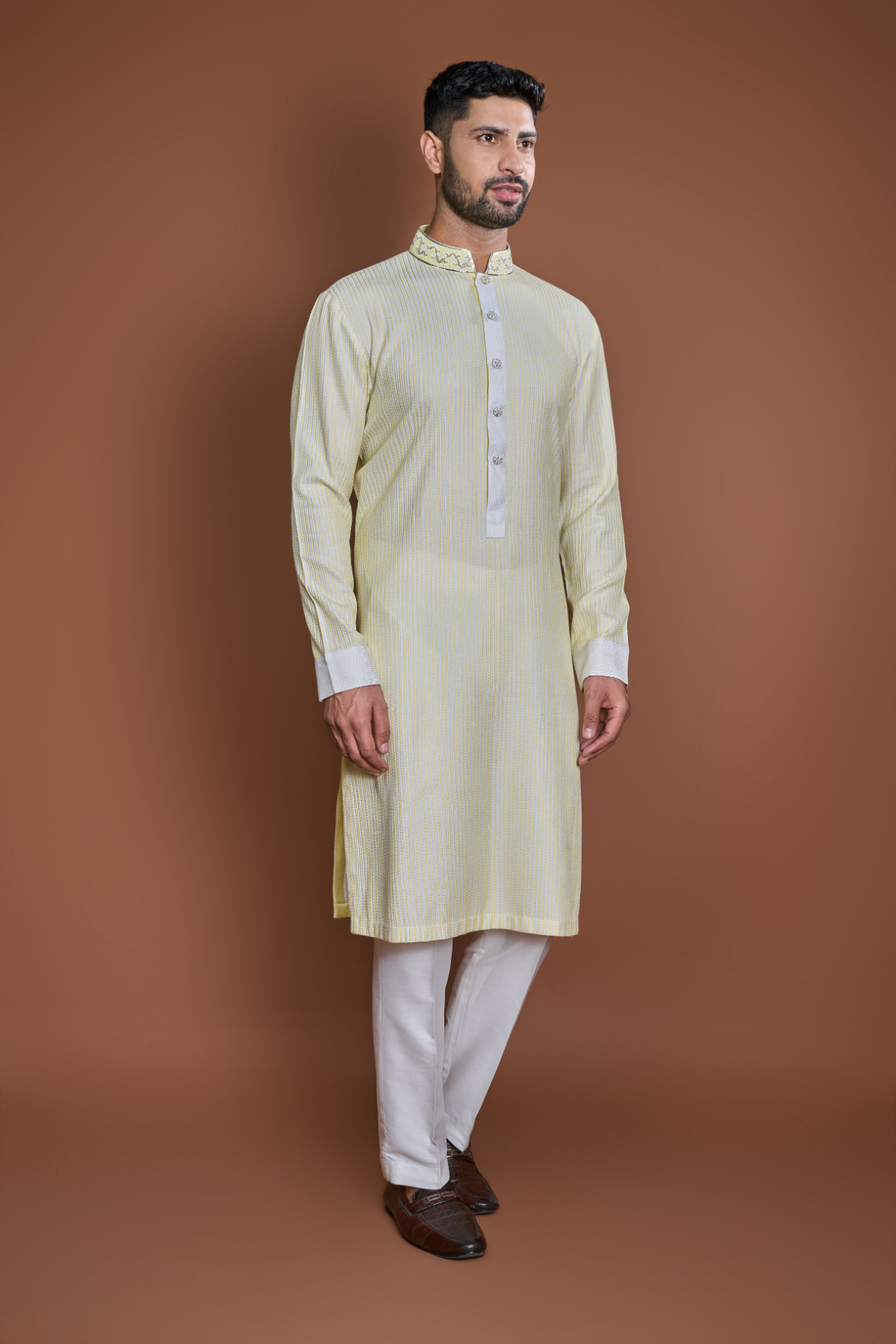 Off white yellow thread textured kurta set