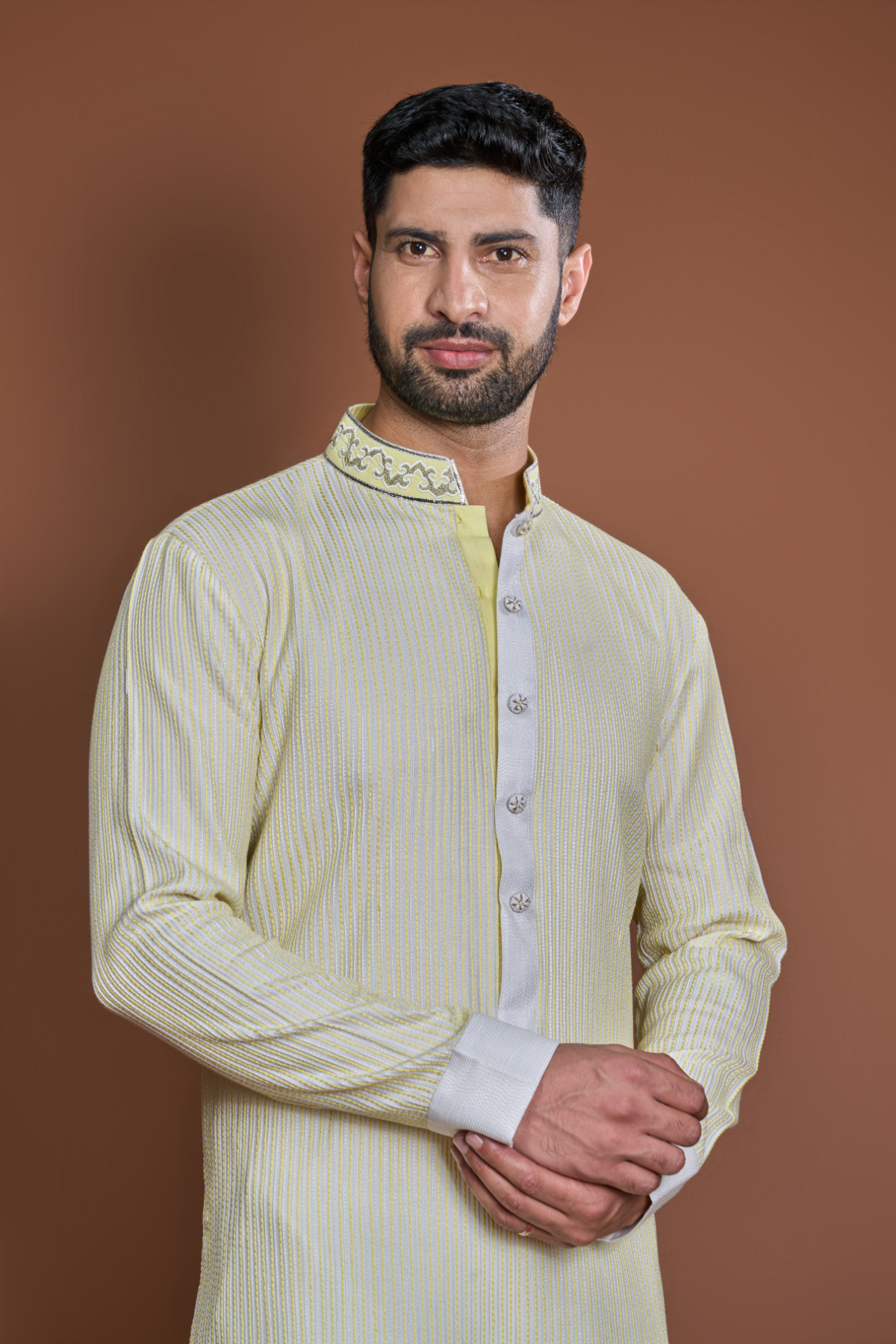 Off white yellow thread textured kurta set