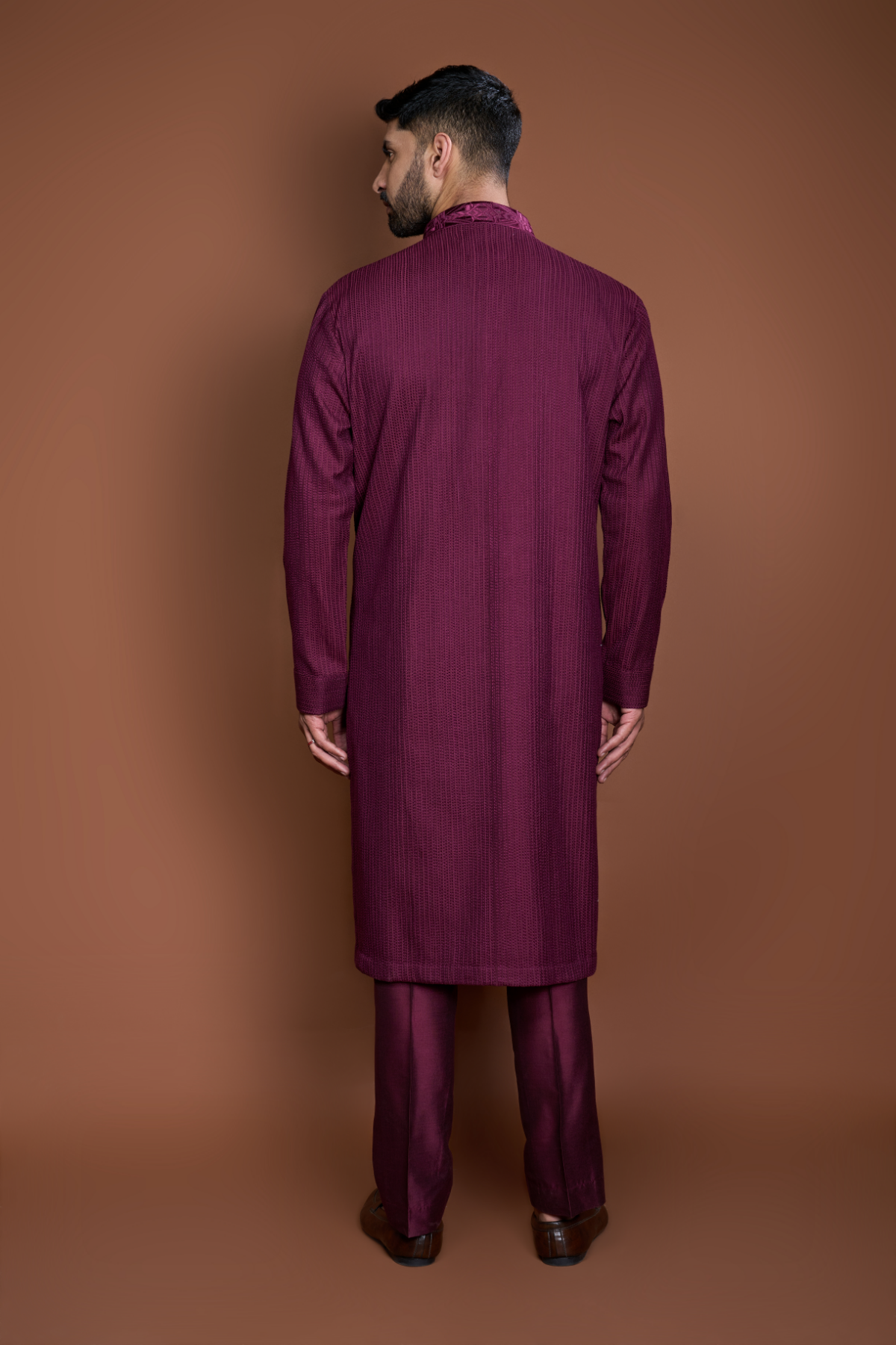 Wine pintucks and thread texture kurta set