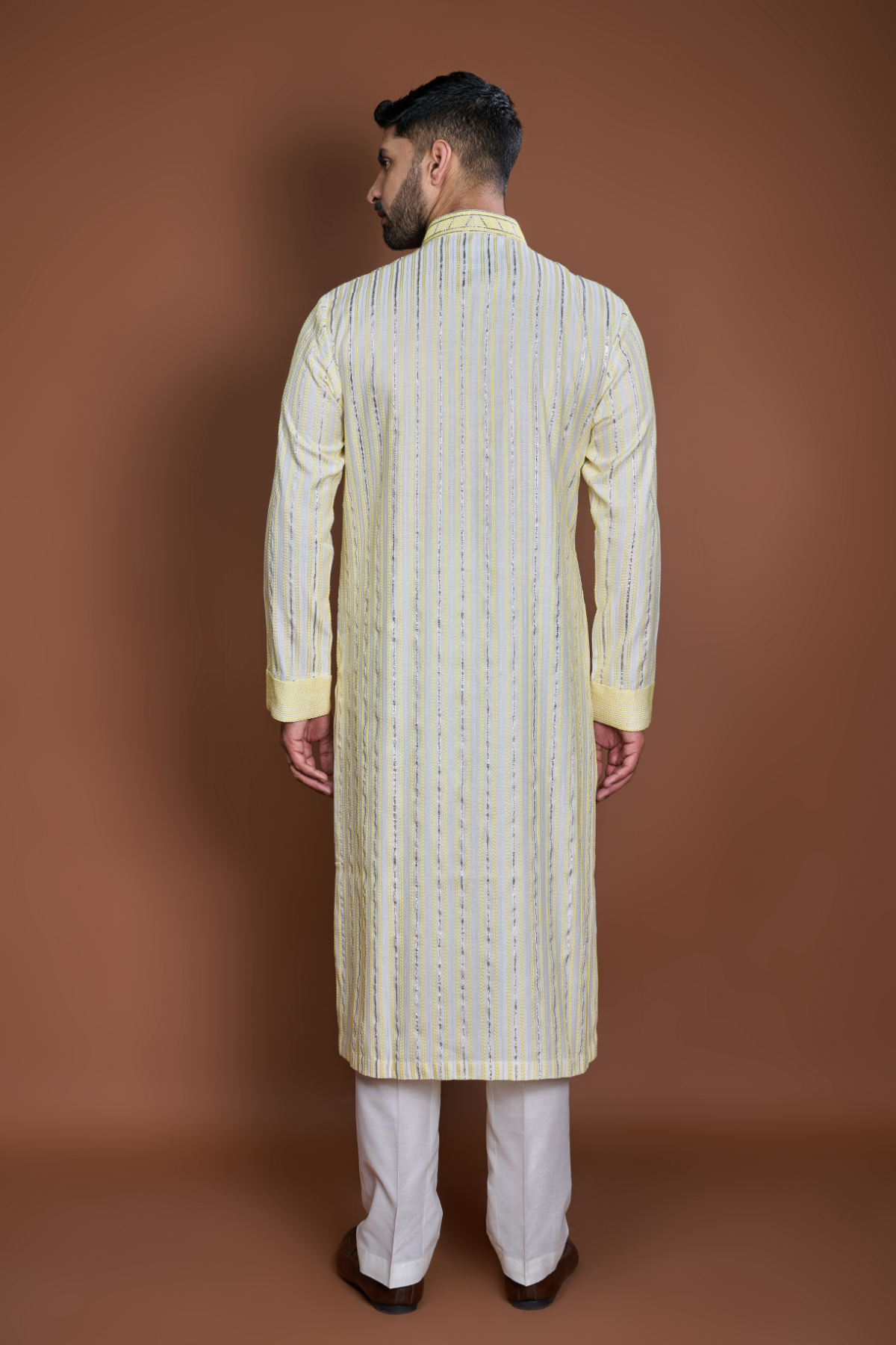 Off white yellow zari texture kurta set