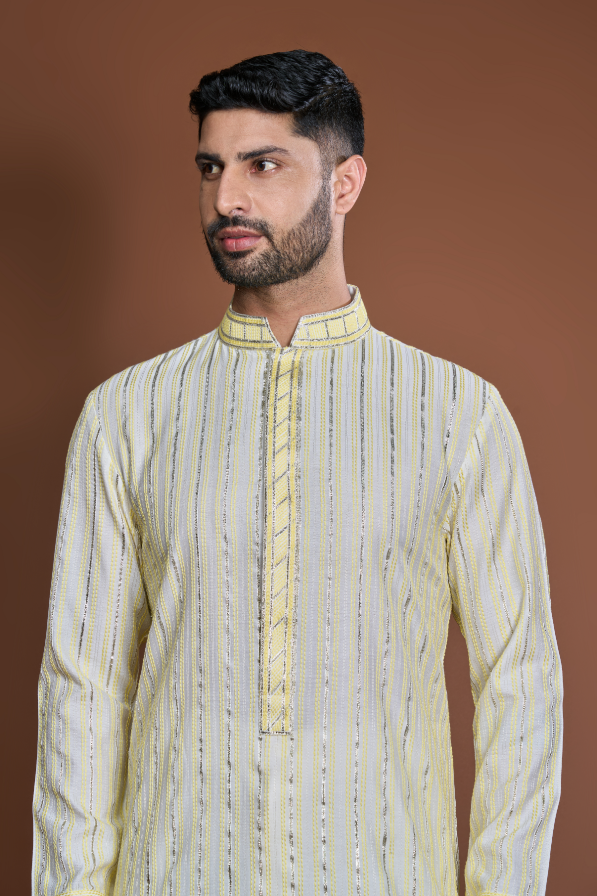 Off white yellow zari texture kurta set