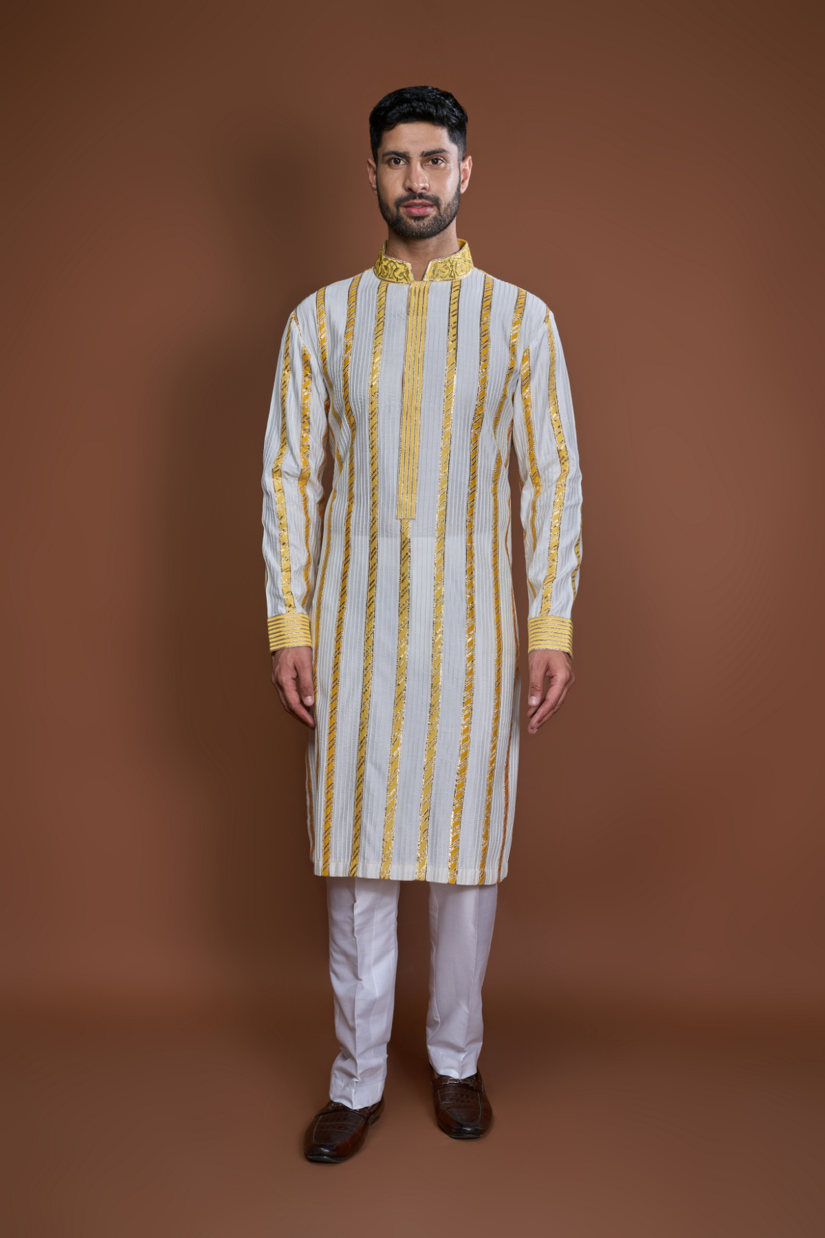 Off white yellow zari textured kurta set