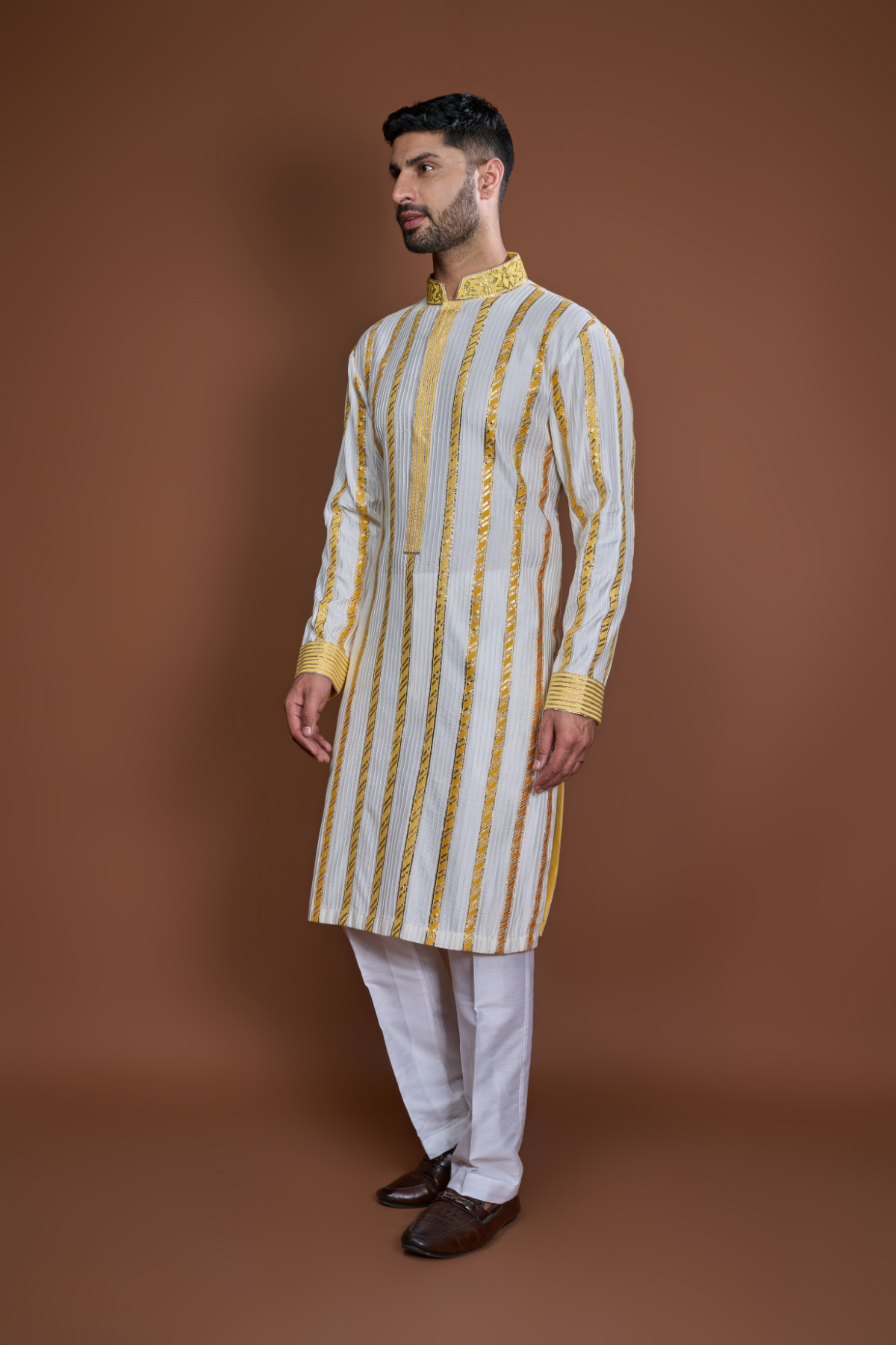 Off white yellow zari textured kurta set