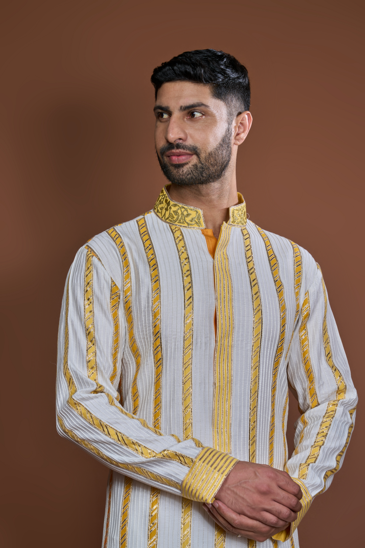 Off white yellow zari textured kurta set