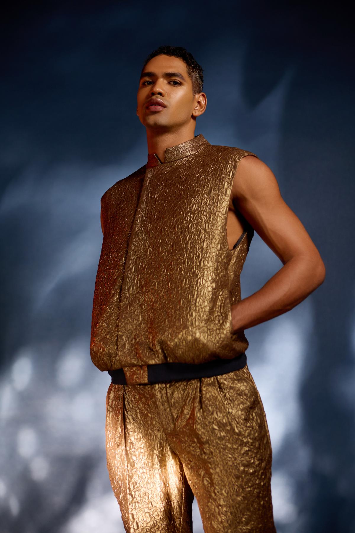 Bronze sleeveless jacket and pants