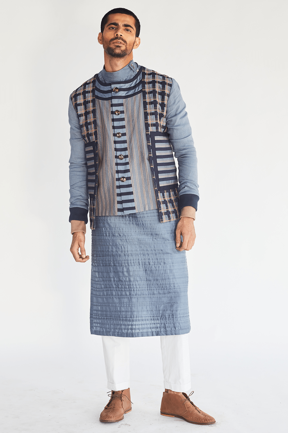 Blue Stripes & Textured Bandi Jacket - Kunal Anil Tanna