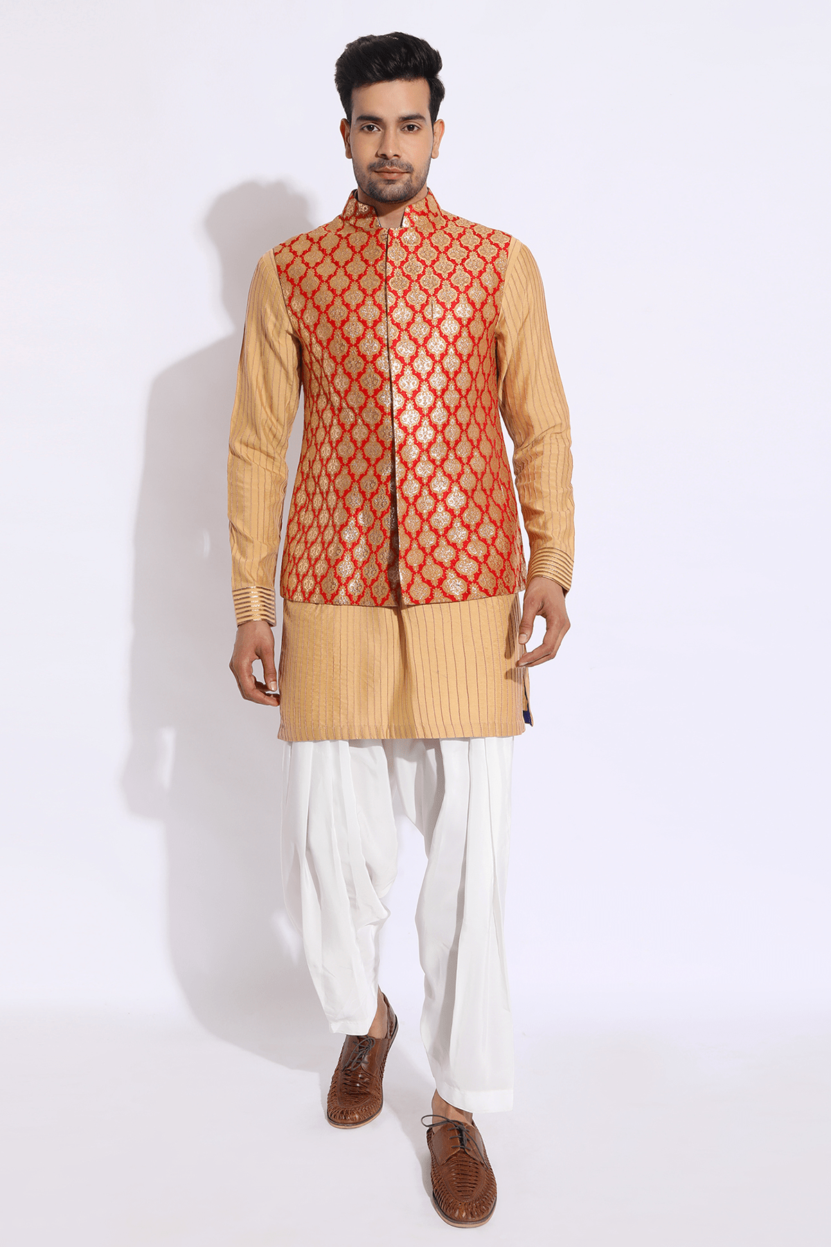 Red Brocade Bandi Jacket - Kunal Anil Tanna