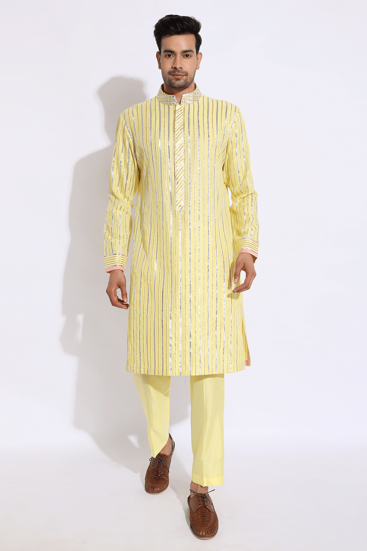 Light yellow with zari lines Kurta set - Kunal Anil Tanna