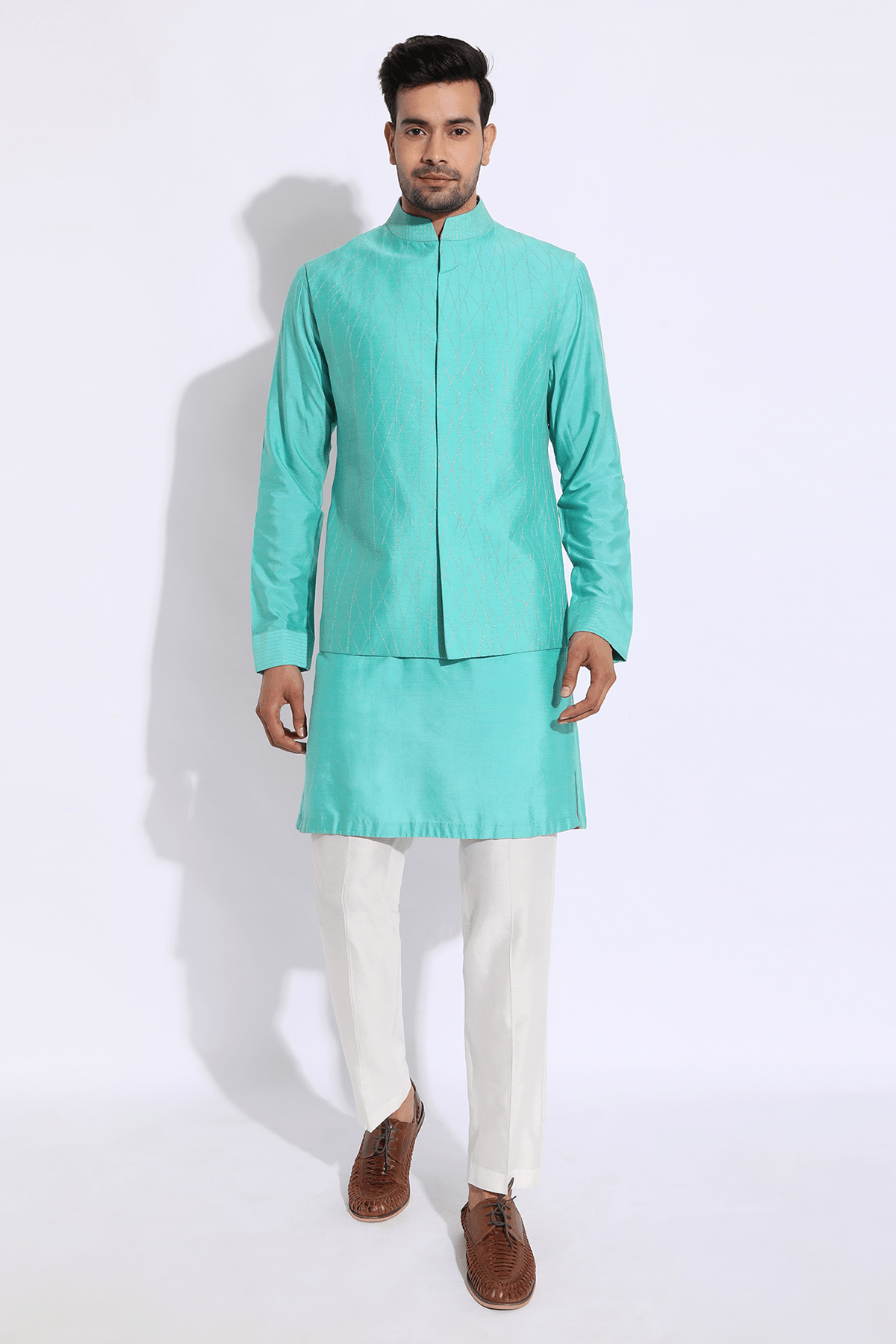 Turquoise blue with gold zari texture bandi kurta set - Kunal Anil Tanna