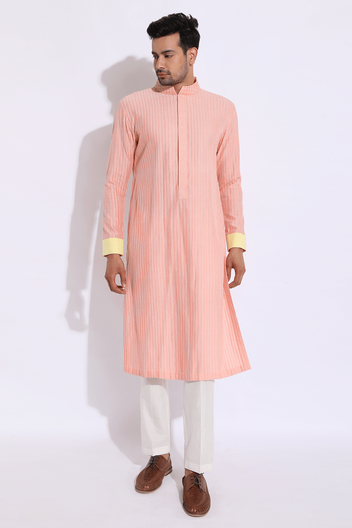 Peach with ivory thread texture kurta set - Kunal Anil Tanna