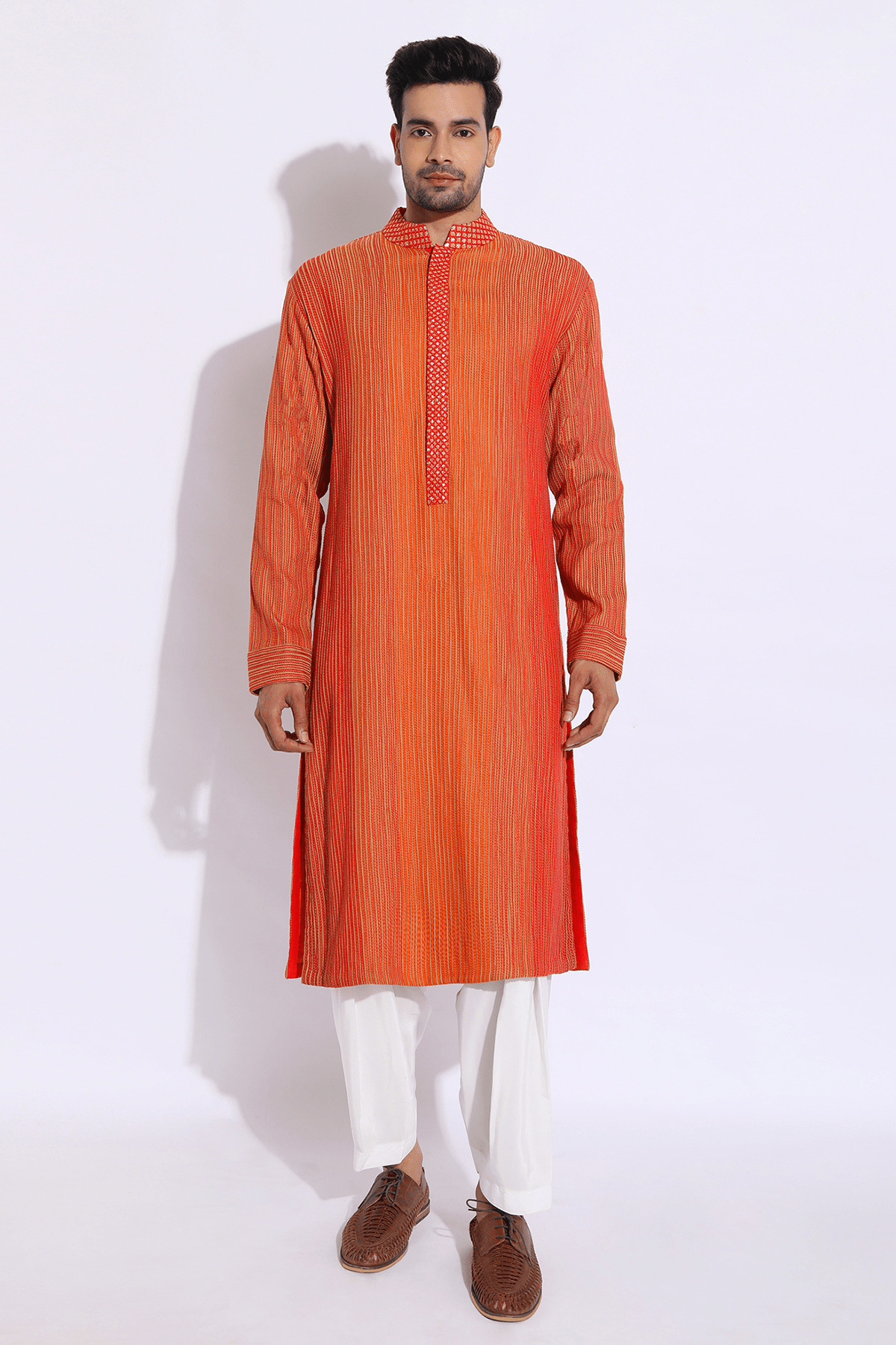 Beige with red and orange thread texture kurta set - Kunal Anil Tanna