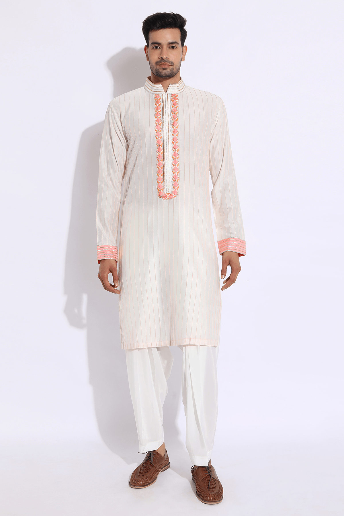 Ivory with Peach and Orange Pleating Detail Kurta Set - Kunal Anil Tanna