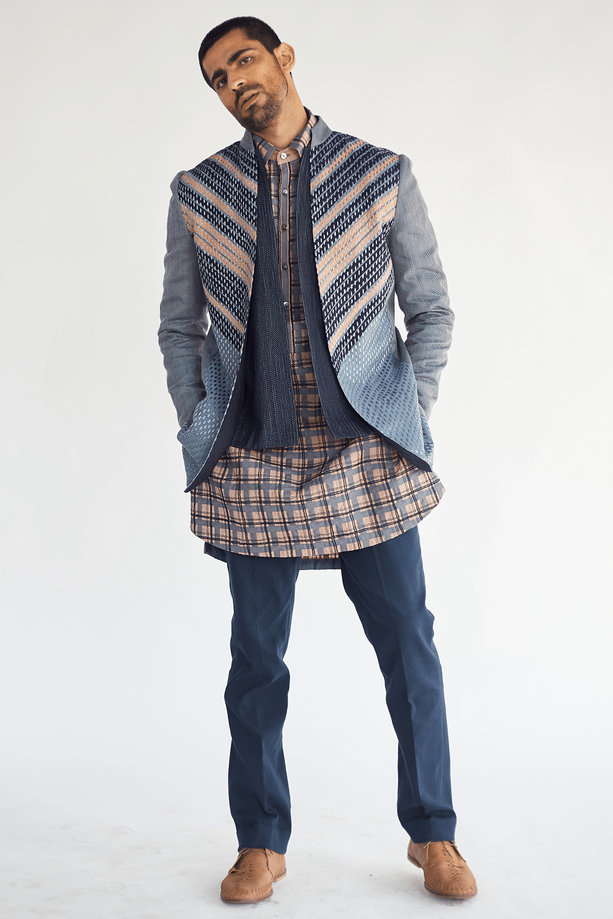 Open Layered Jacket with textured Kurta & Blue Trouser - Kunal Anil Tanna