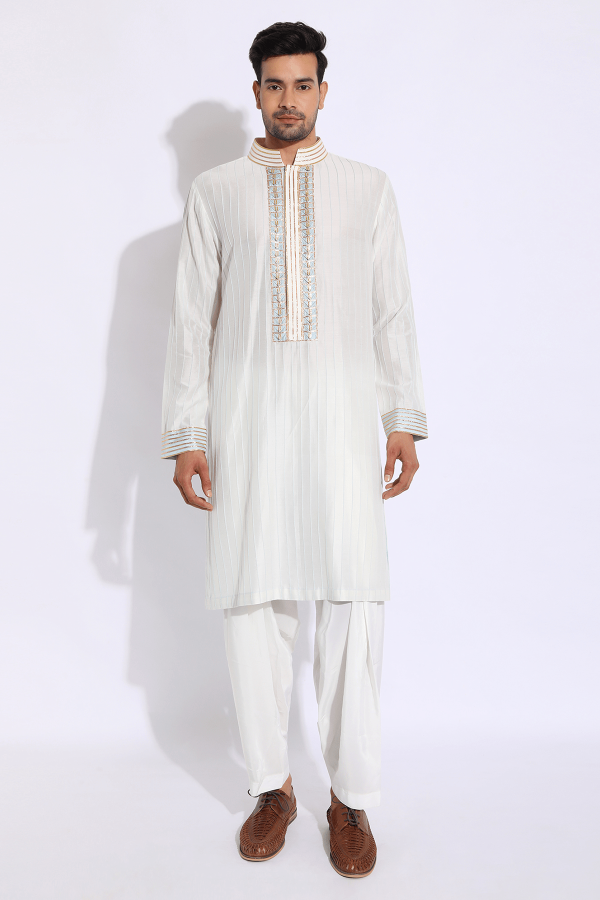 Ivory with blue pleating detail Kurta set - Kunal Anil Tanna