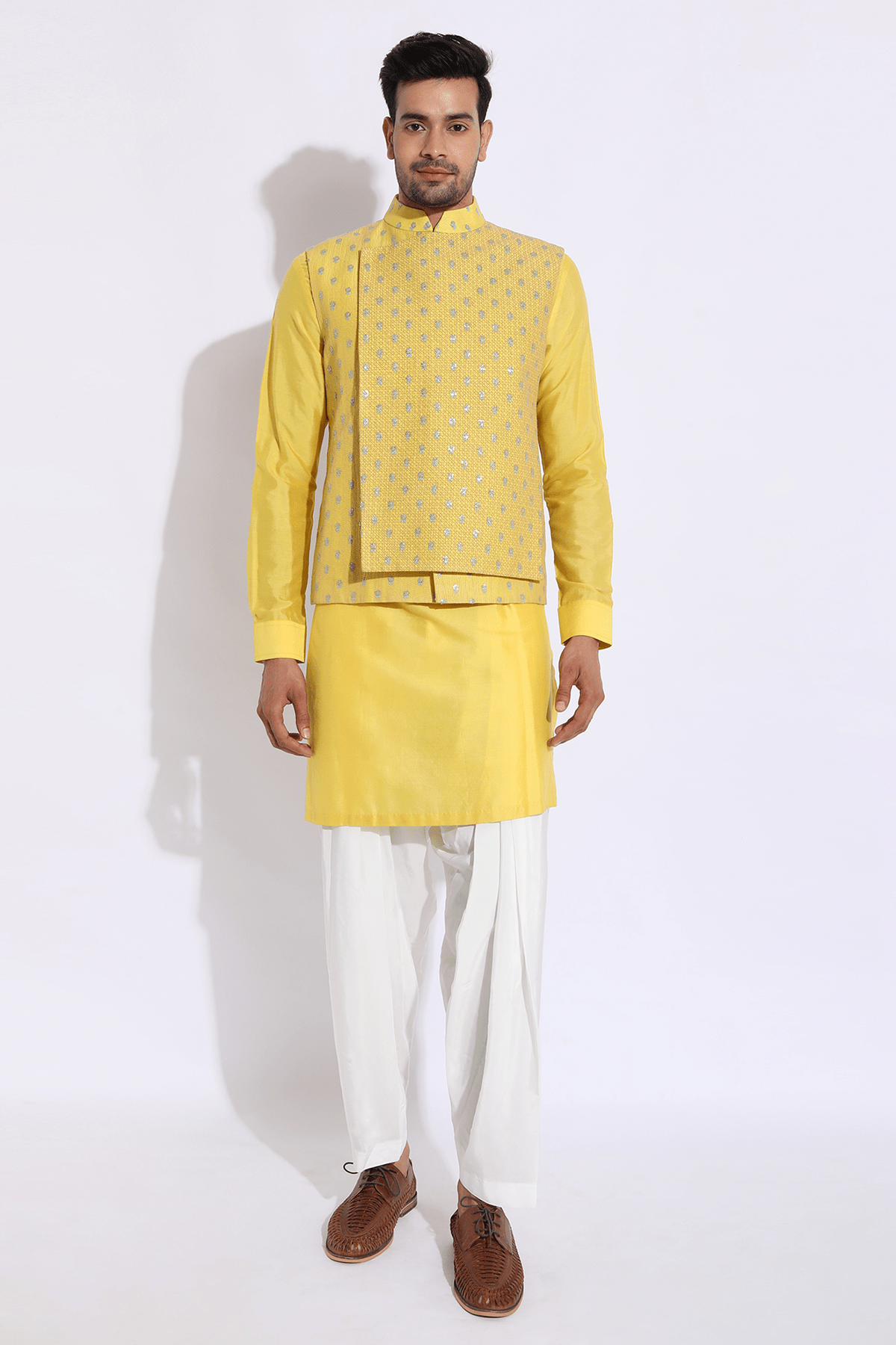 Yellow thread textured bandi kurta set - Kunal Anil Tanna