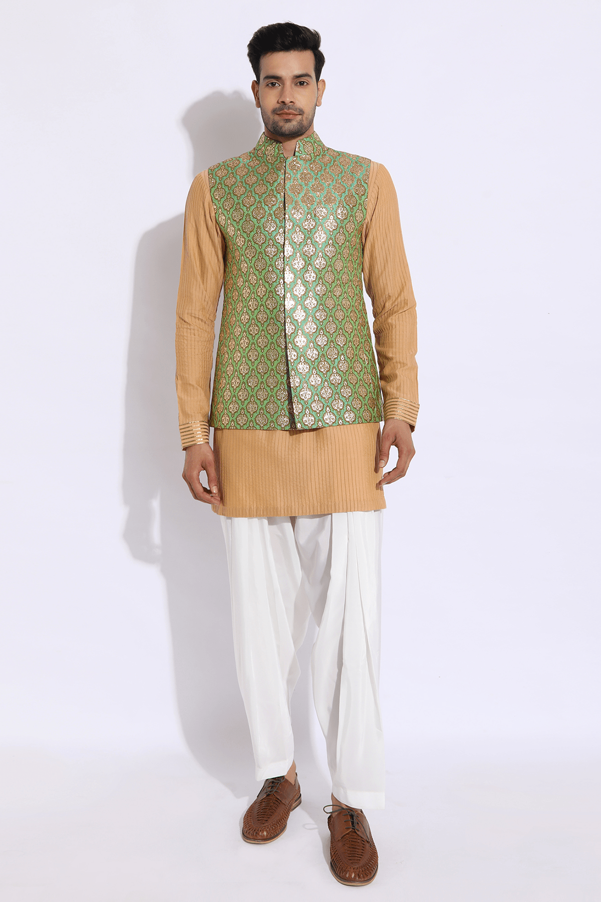 Beige Pintucks Kurta Set - Kunal Anil Tanna