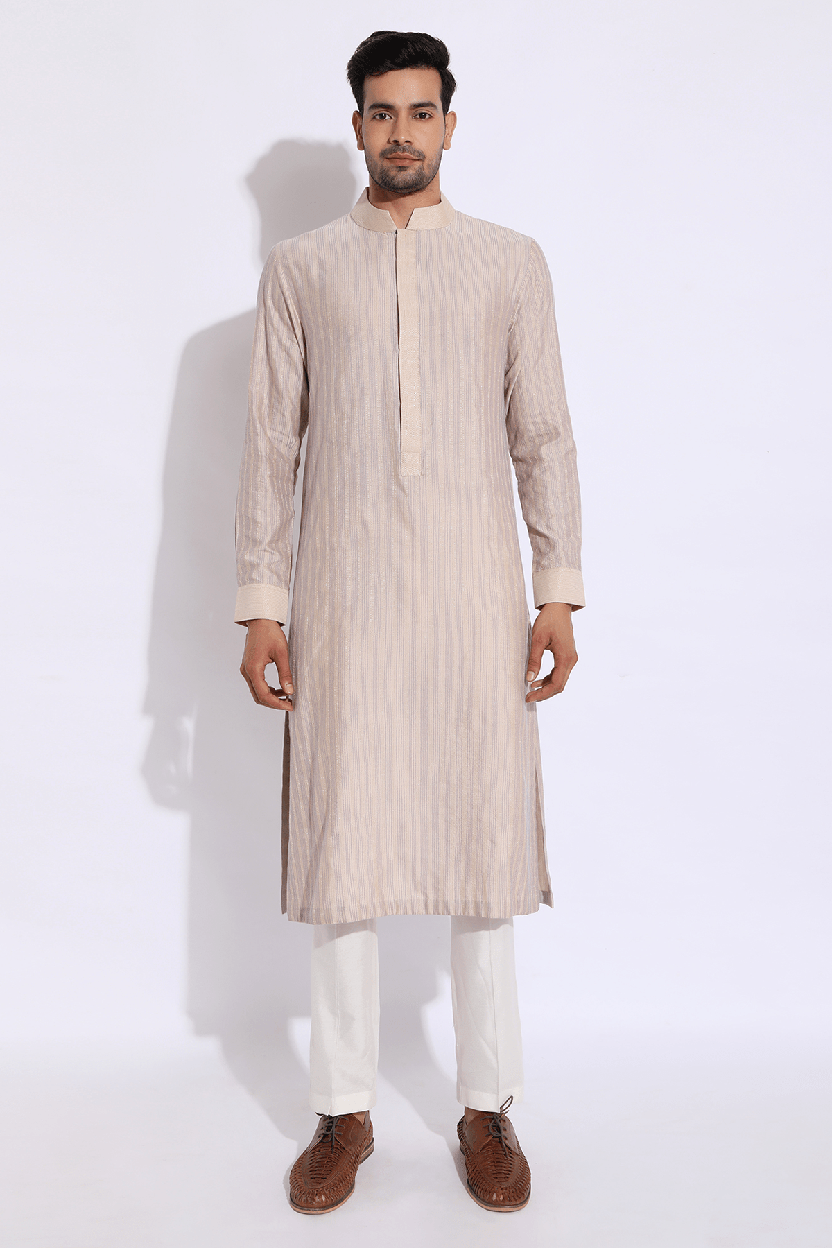 Beige with dark lilac thread texture kurta set - Kunal Anil Tanna