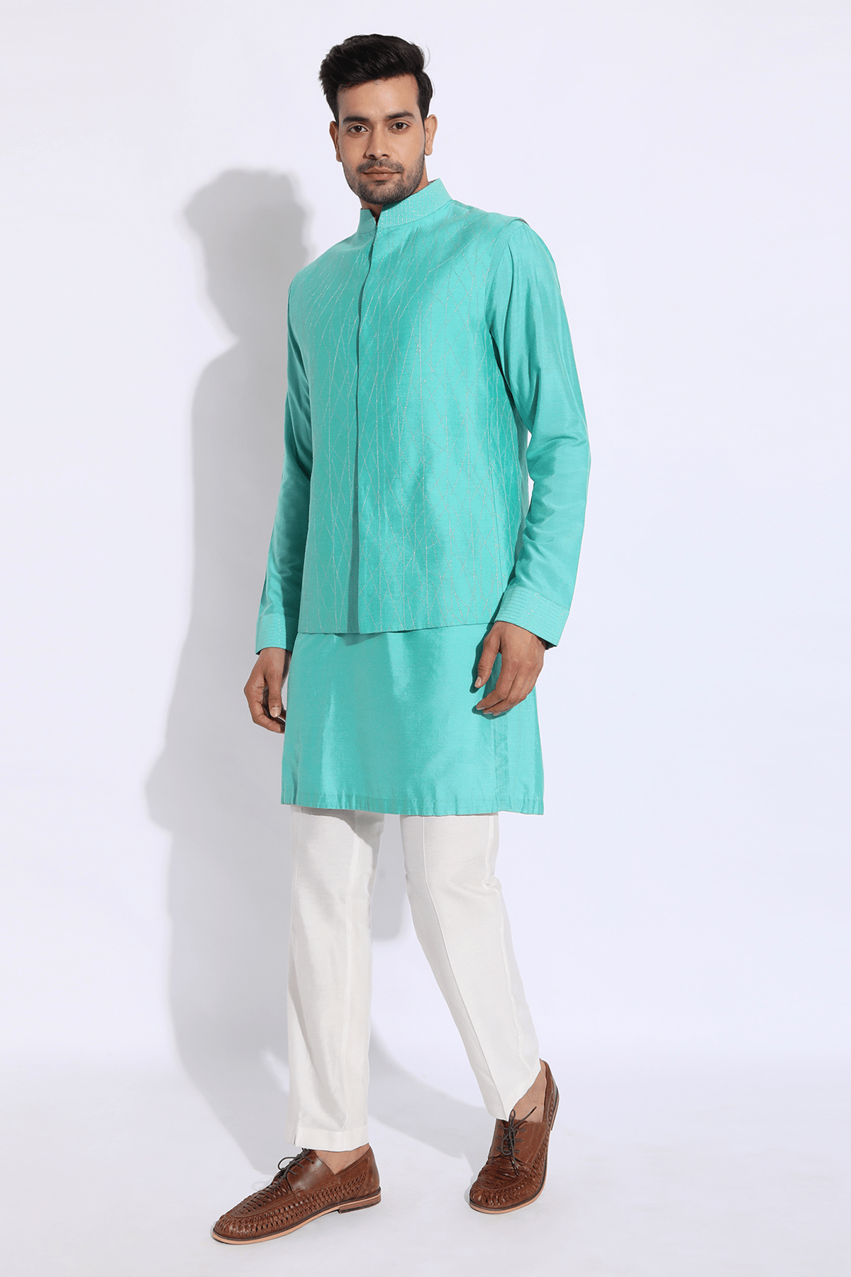 Turquoise blue with gold zari texture bandi kurta set - Kunal Anil Tanna