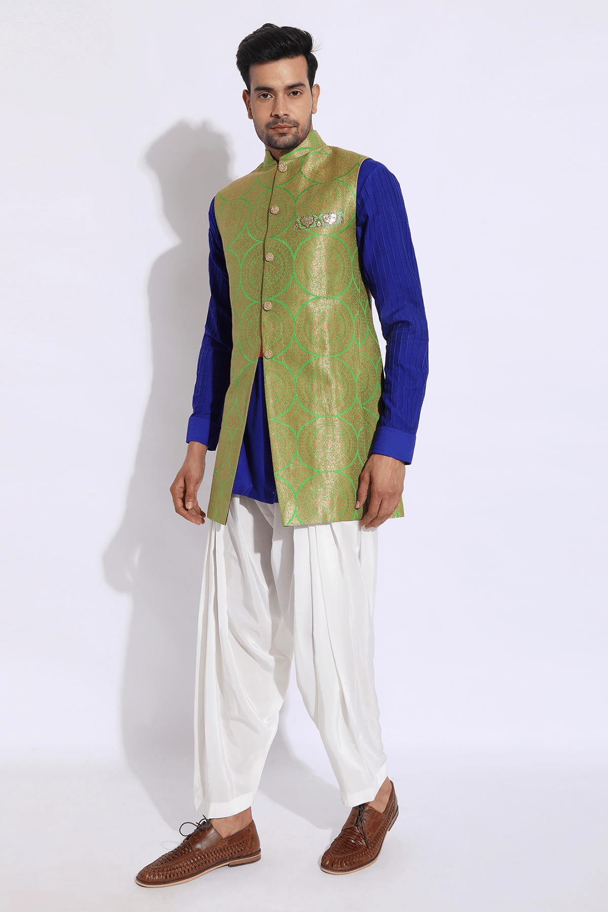 Green brocade bandi jacket with blue kurta set - Kunal Anil Tanna