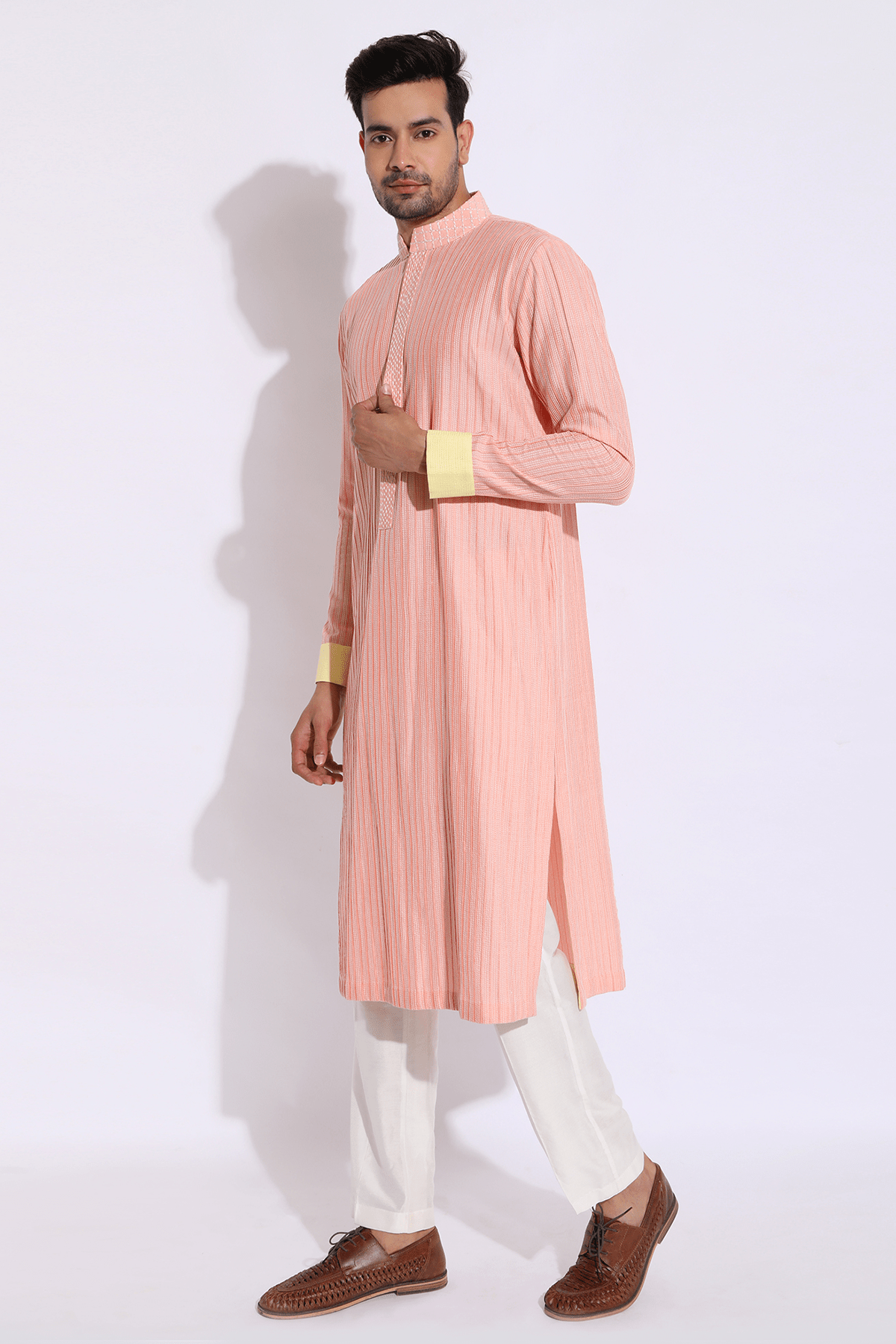 Peach with ivory thread texture kurta set - Kunal Anil Tanna