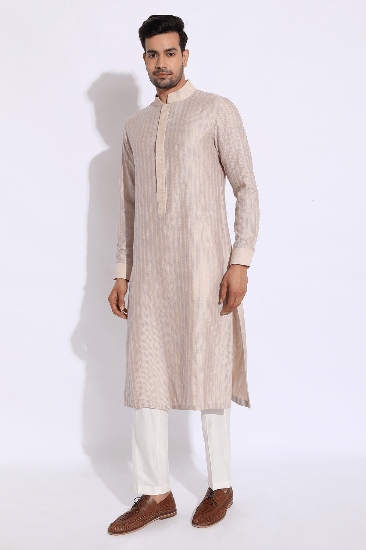 Beige with dark lilac thread texture kurta set - Kunal Anil Tanna