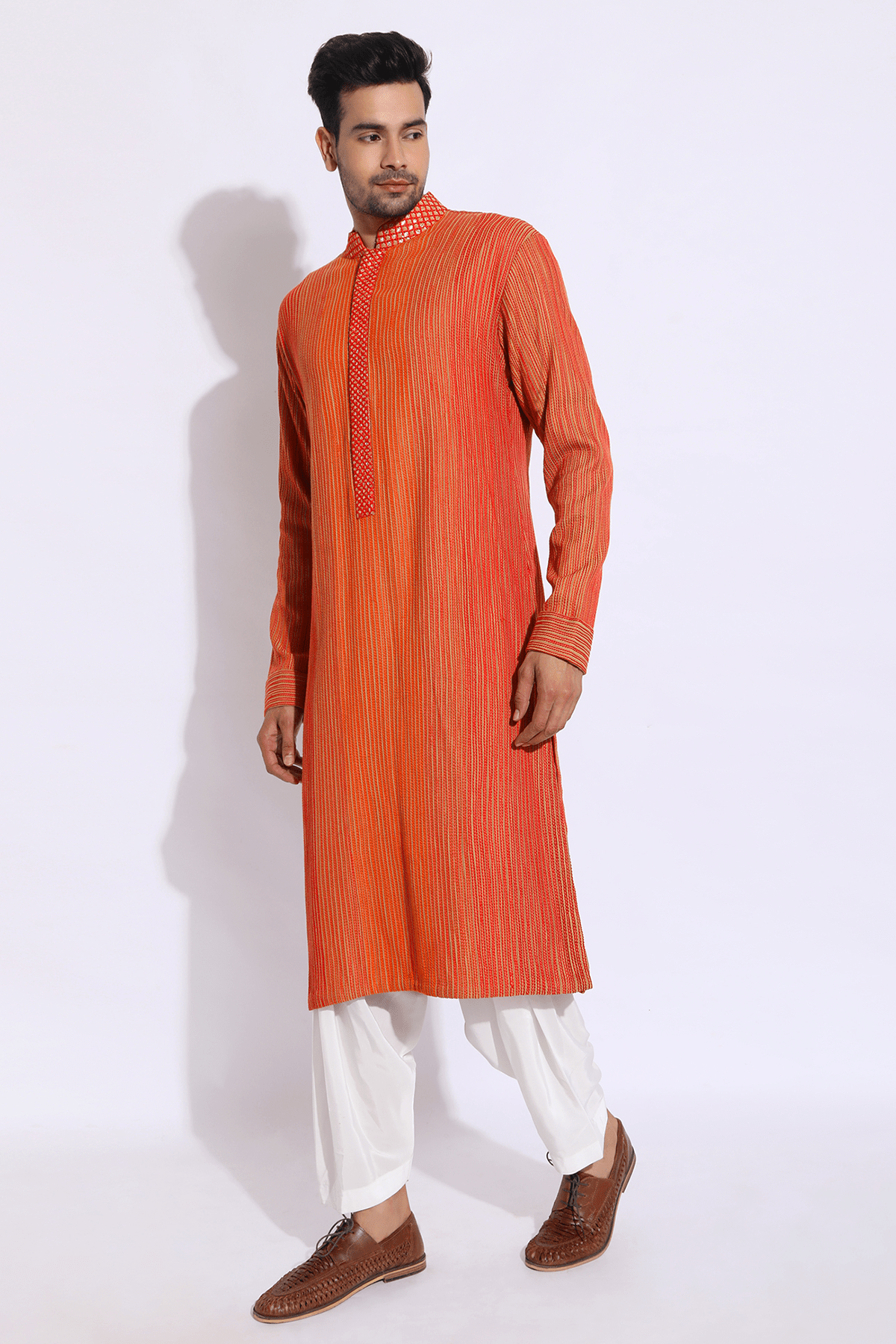 Beige with red and orange thread texture kurta set - Kunal Anil Tanna