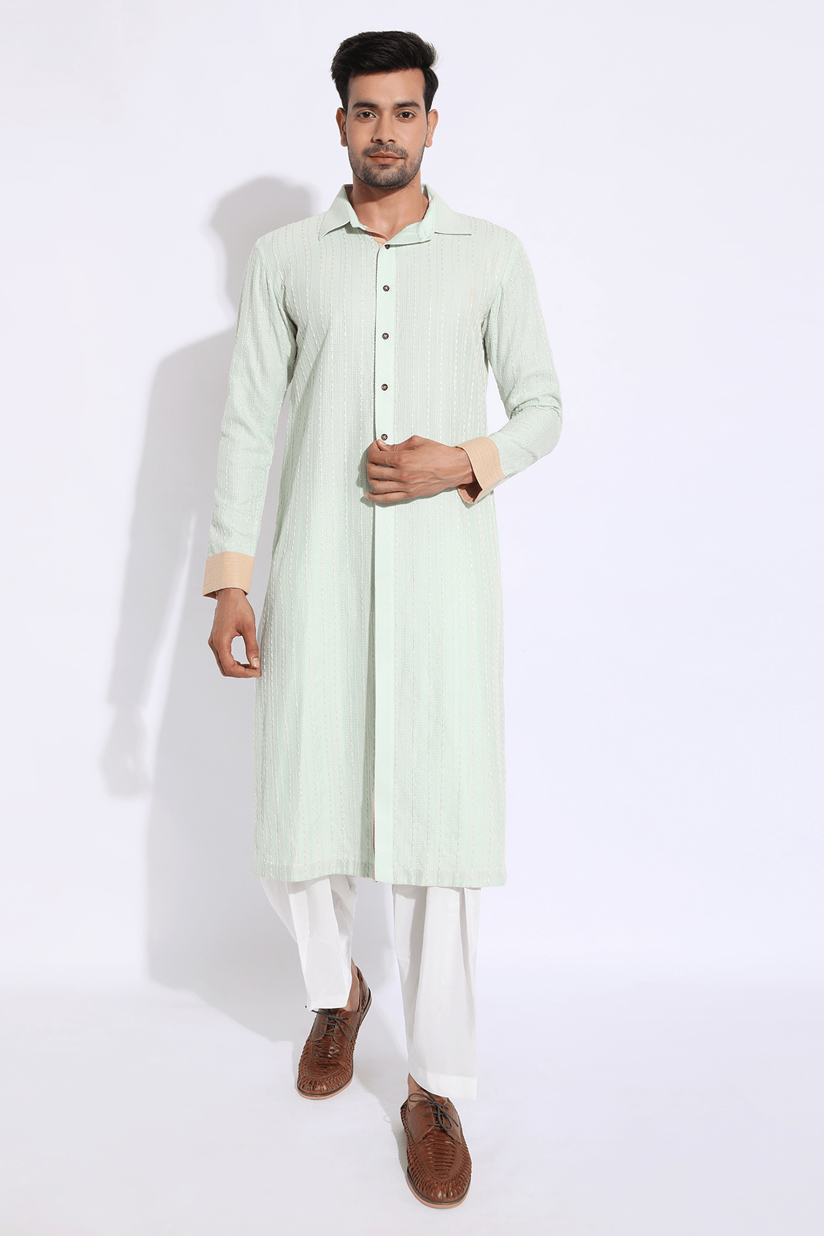 Light green with thread texture Kurta Set - Kunal Anil Tanna