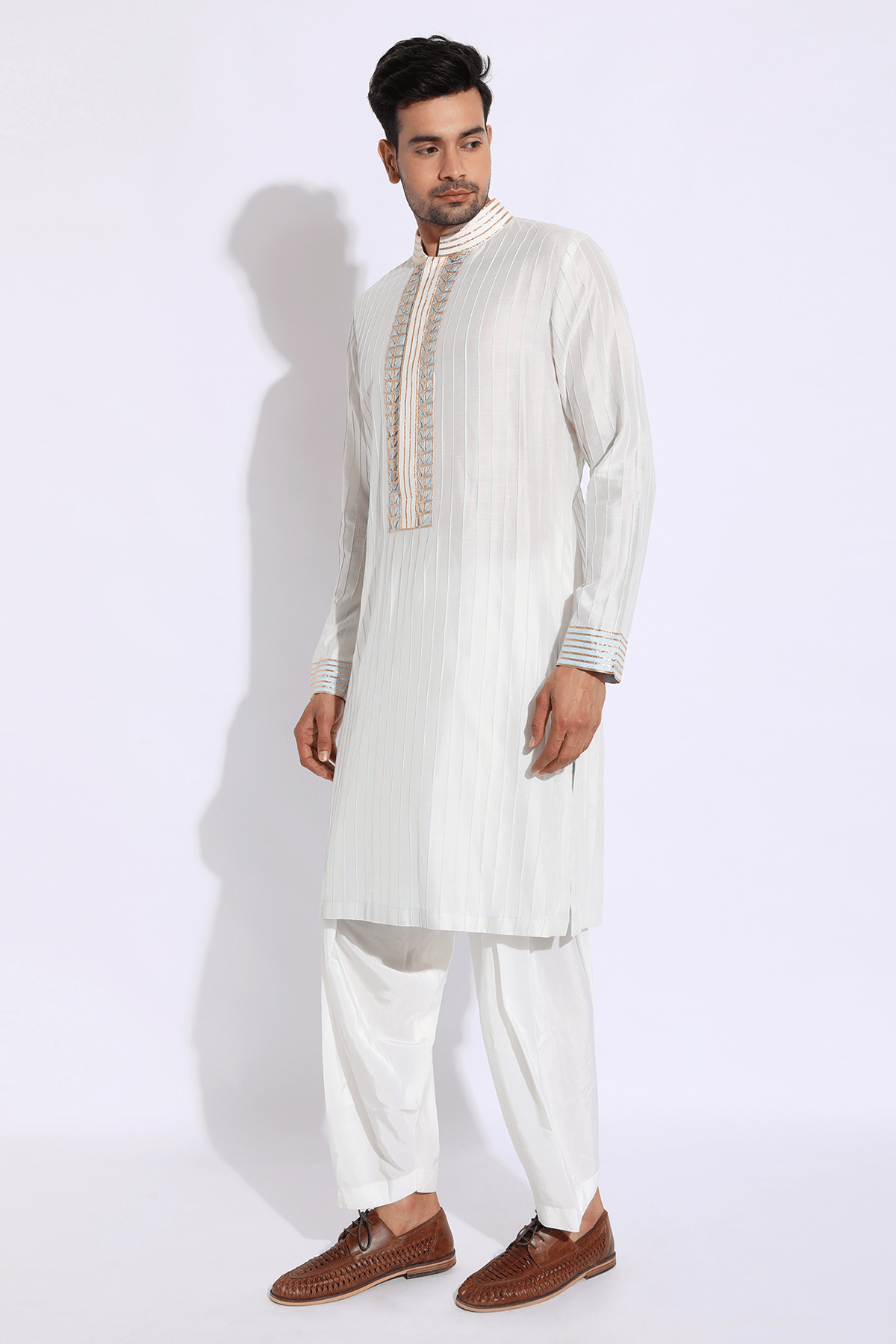 Ivory with blue pleating detail Kurta set - Kunal Anil Tanna