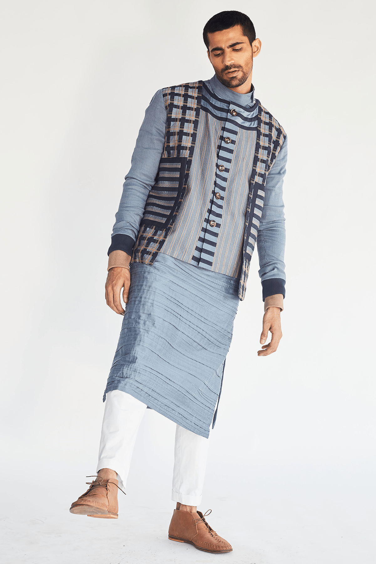 Blue Stripes & Textured Bandi Jacket - Kunal Anil Tanna