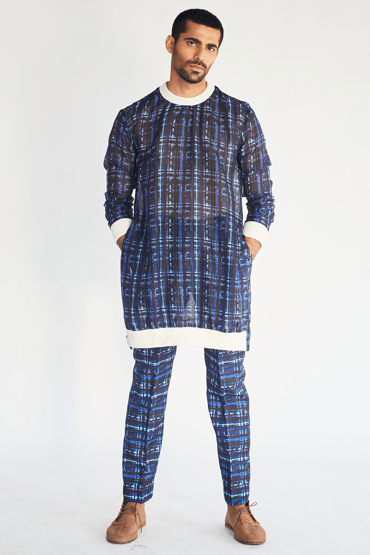 Mesh Print Pullover Kurta and Trousers - Kunal Anil Tanna