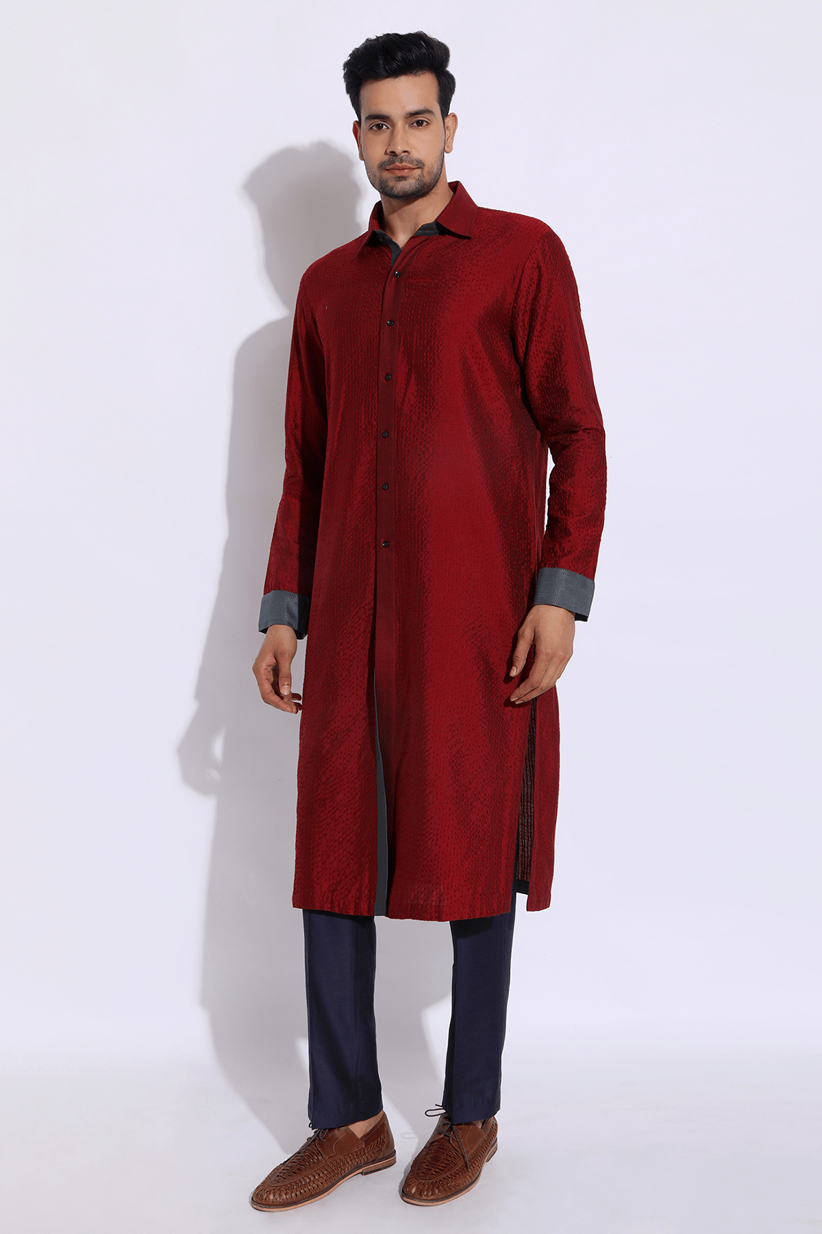 Dark red with thread texture shirt kurta set - Kunal Anil Tanna