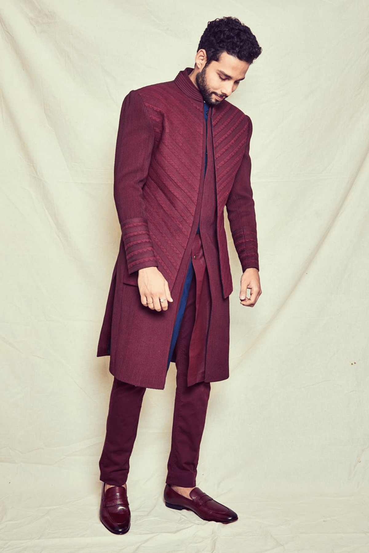 Siddhant Chaturvedi In Maroon Achkan jacket with shirt kurta and aligarhi pant - Kunal Anil Tanna