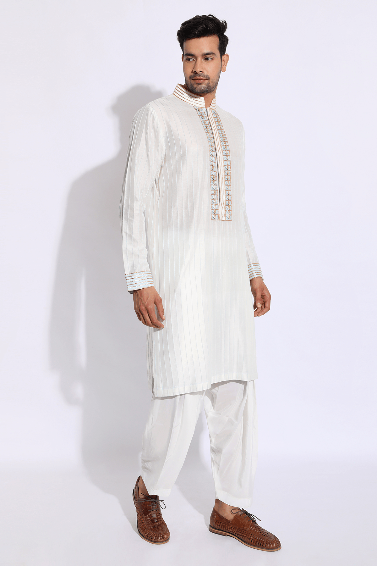 Ivory with blue pleating detail Kurta set - Kunal Anil Tanna