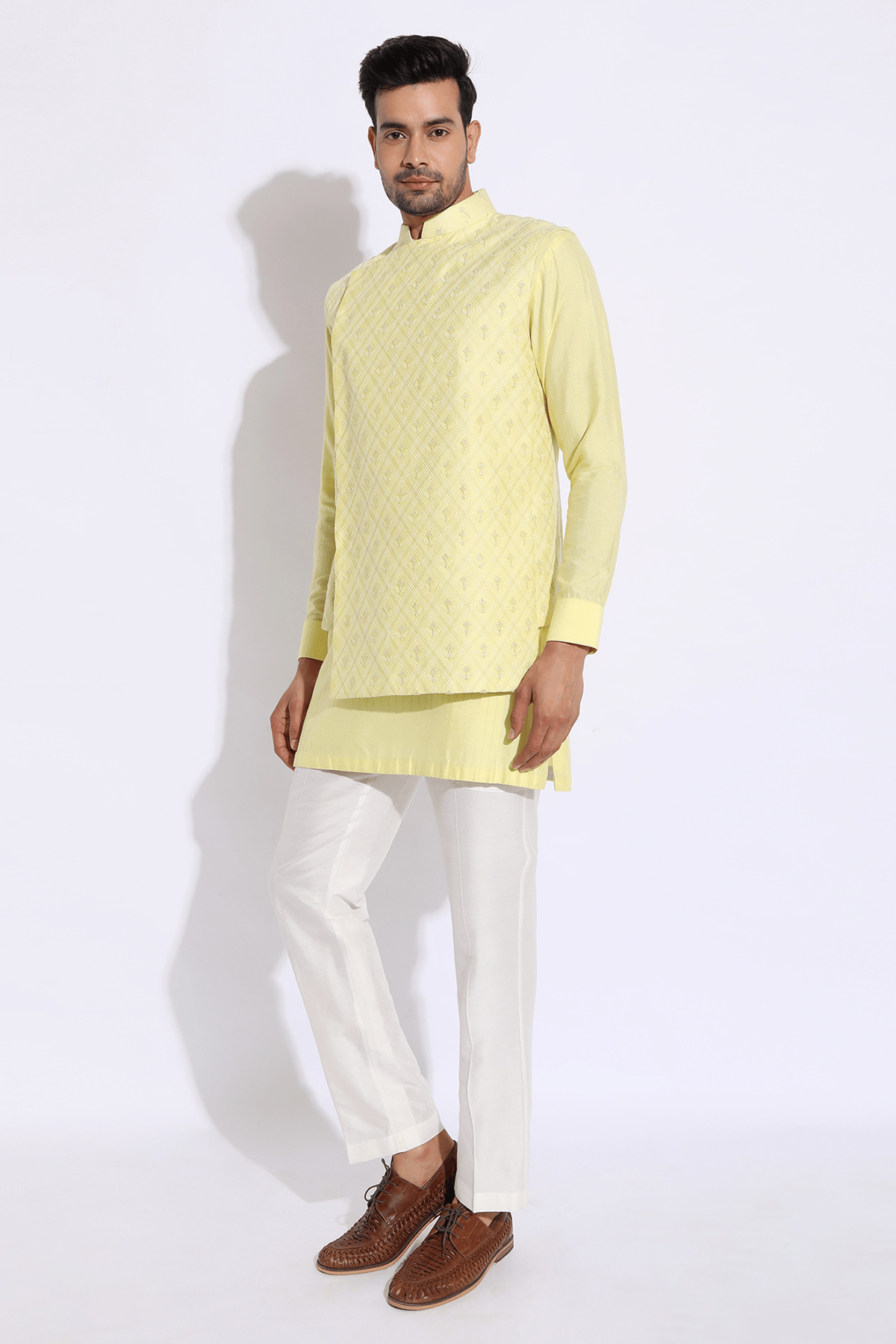 Light Yellow Short Kurta Set - Kunal Anil Tanna