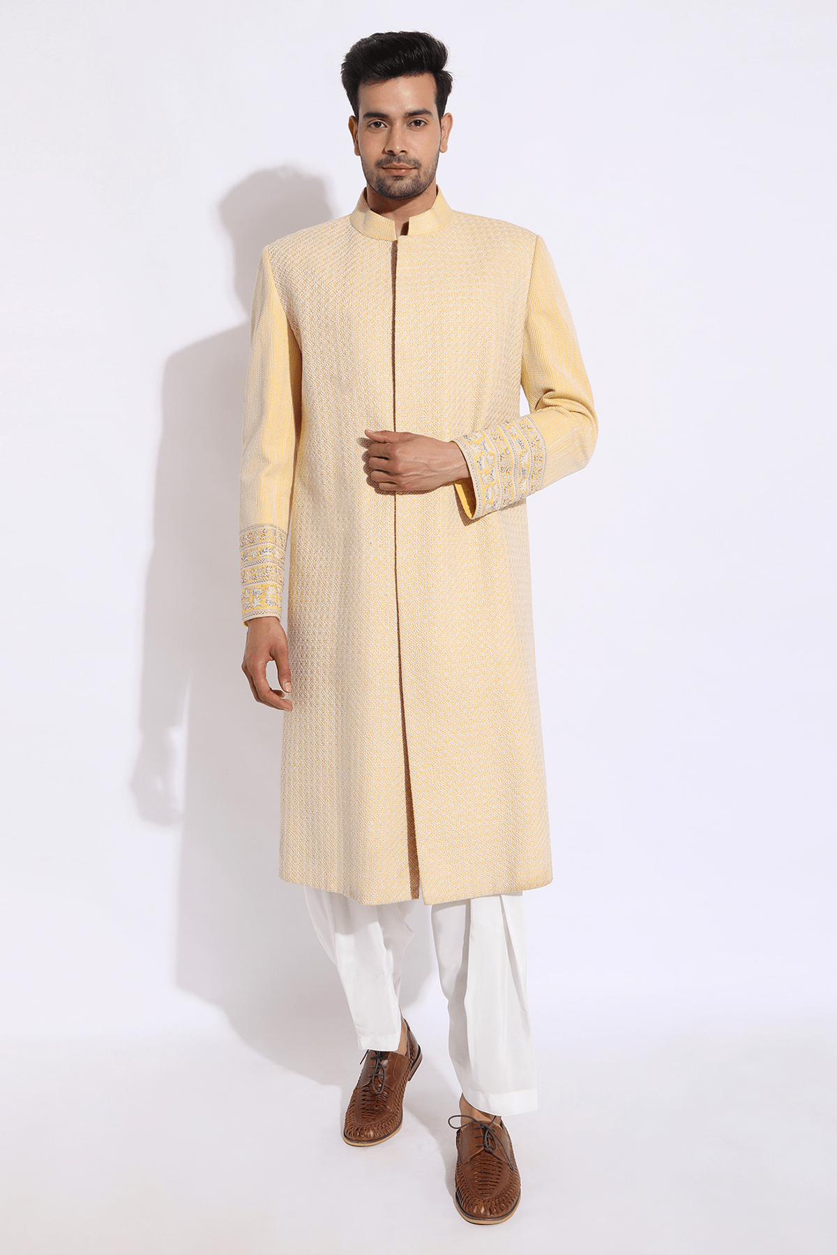 Light Yellow with Ivory Texture Sherwani Set - Kunal Anil Tanna