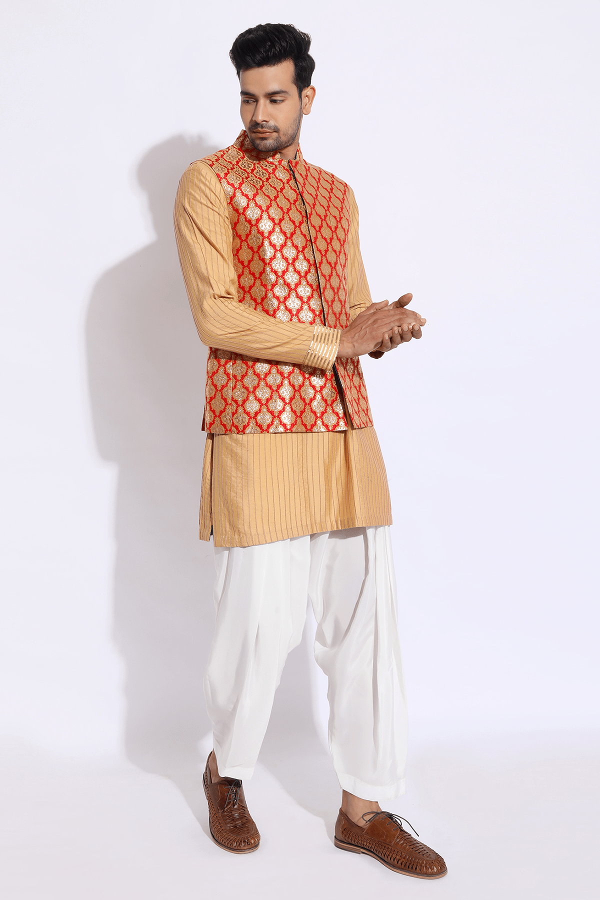 Beige Pintucks Kurta Set - Kunal Anil Tanna