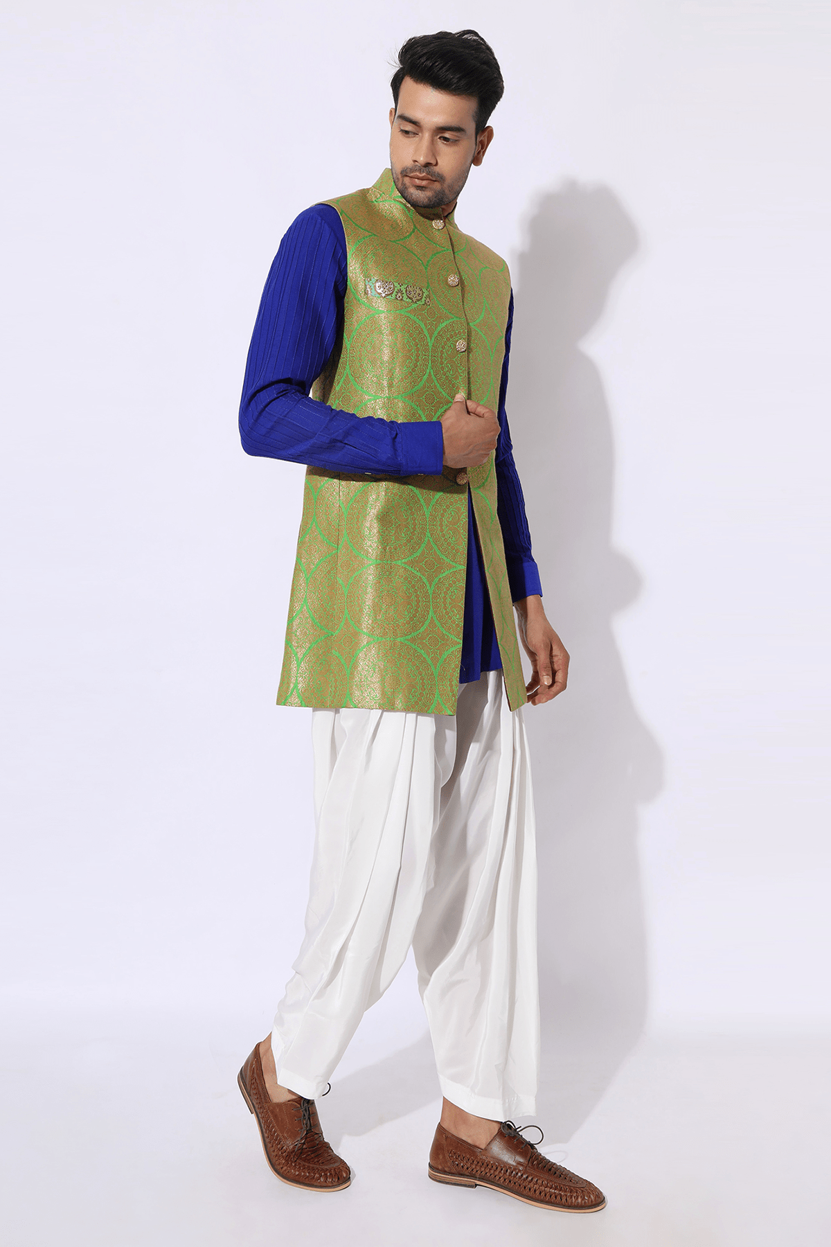 Green and dull gold brocade Jacket - Kunal Anil Tanna