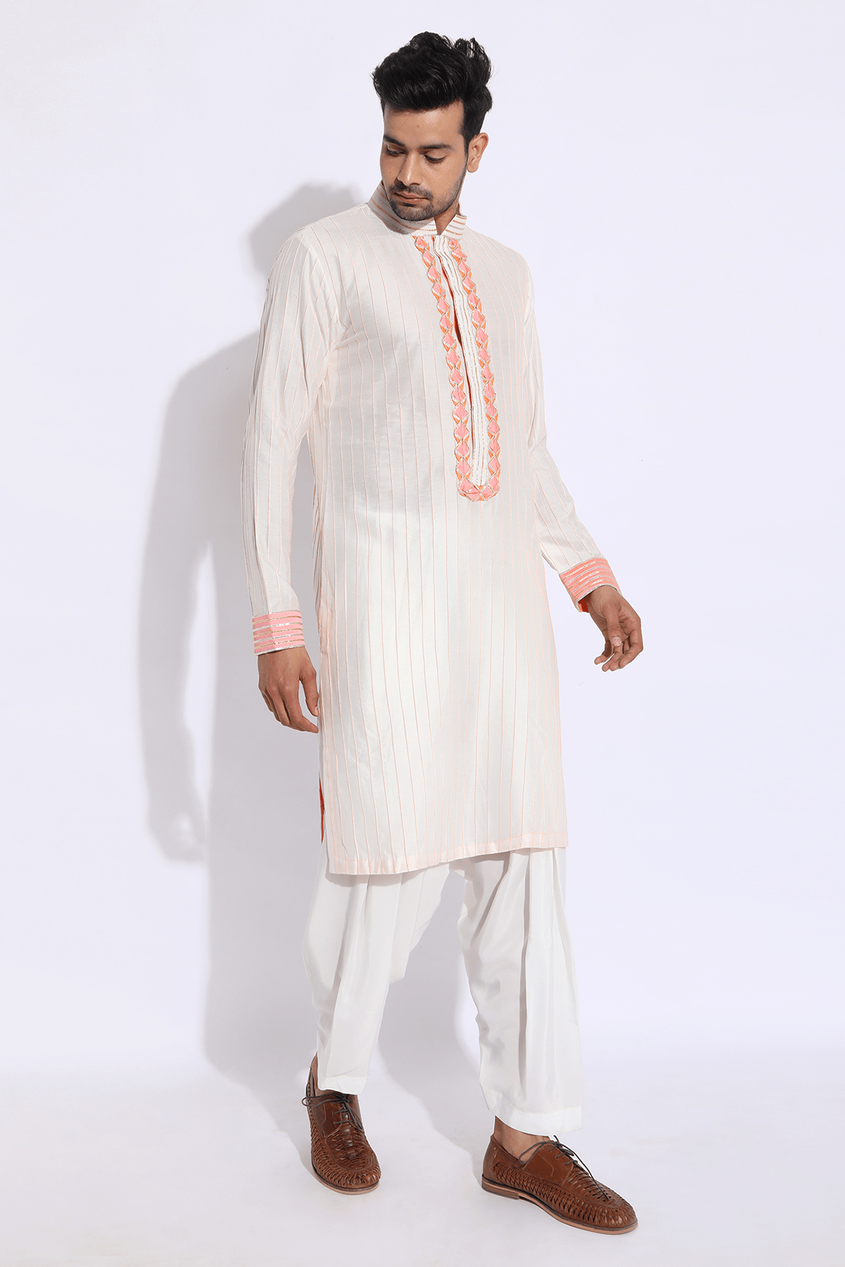 Ivory with Peach and Orange Pleating Detail Kurta Set - Kunal Anil Tanna