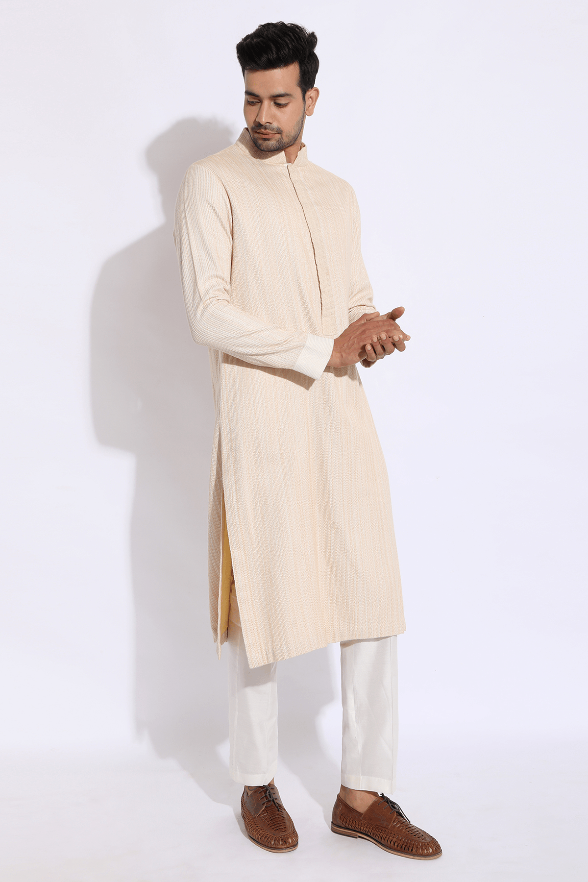 Ivory with beige thread texture kurta set - Kunal Anil Tanna
