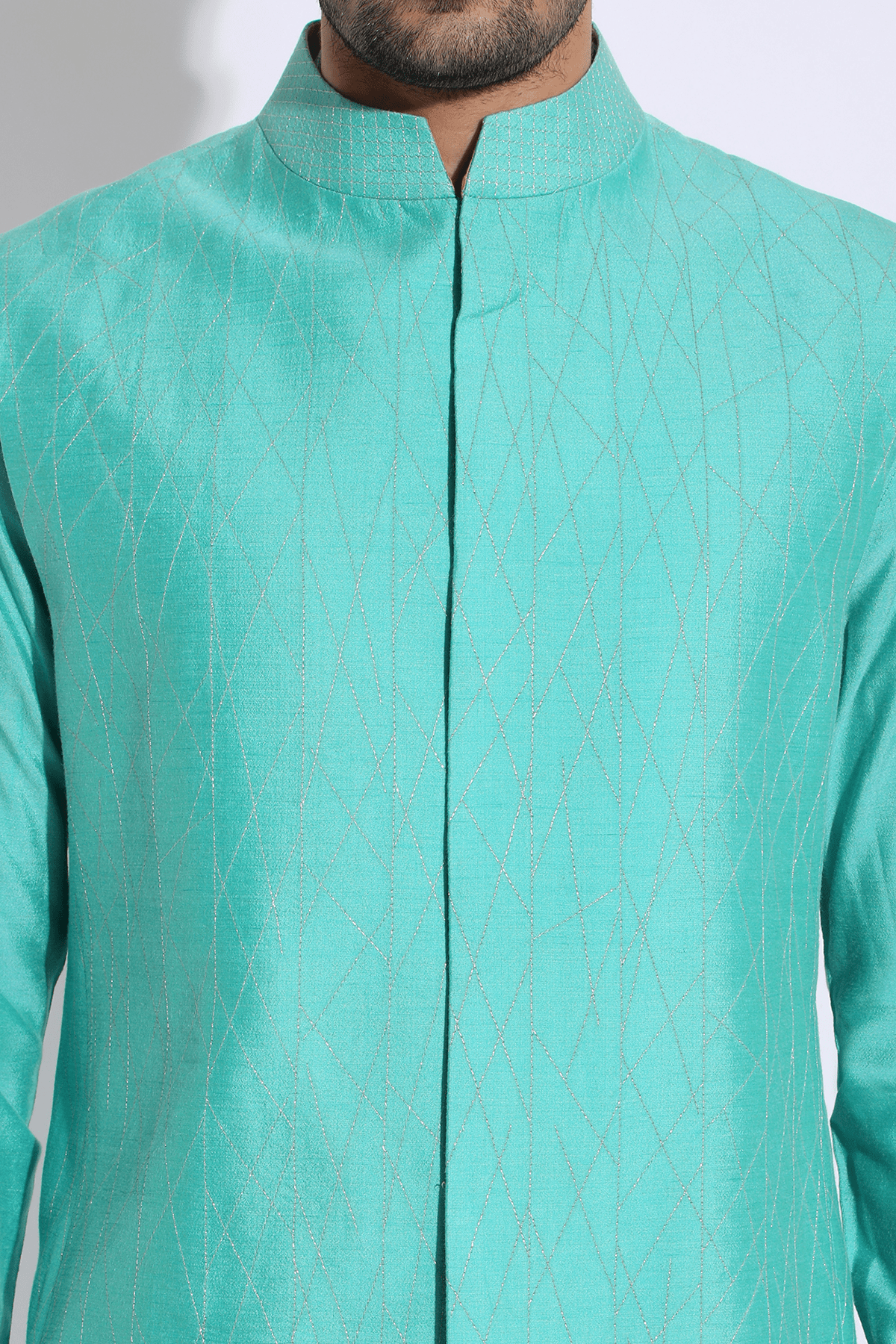 Turquoise blue with gold zari texture bandi kurta set - Kunal Anil Tanna