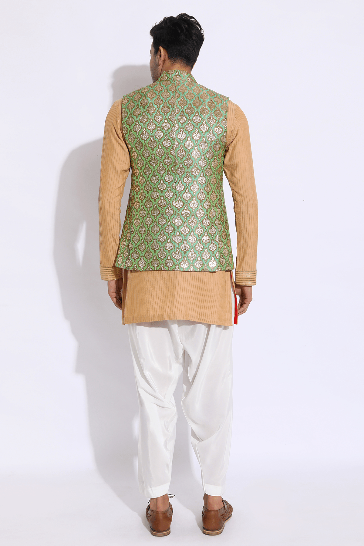 Green brocade bandi jacket with beige kurta set - Kunal Anil Tanna