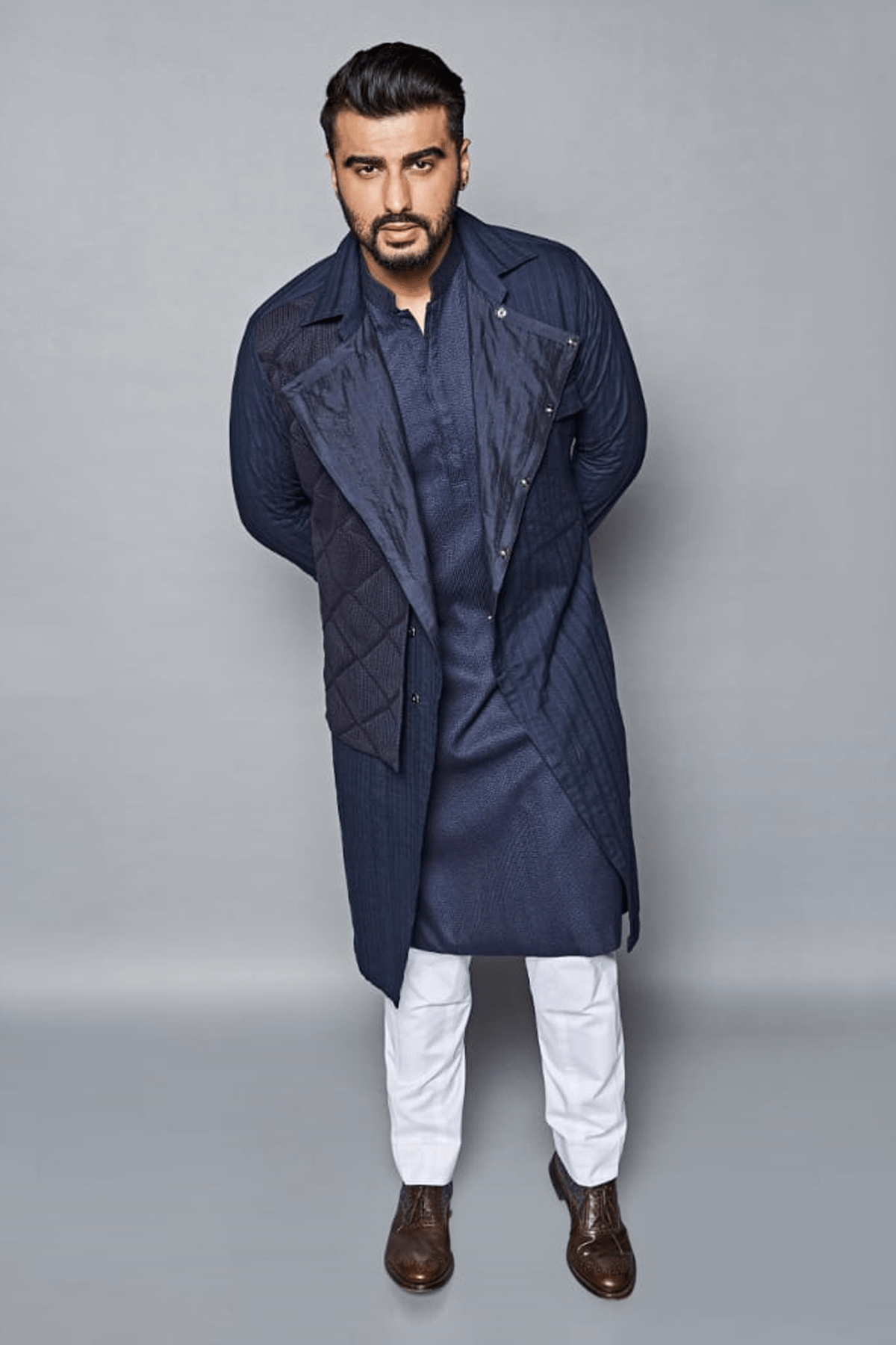 Arjun Kapoor In Dark blue trench style shirt jacket with knit flap - Kunal Anil Tanna