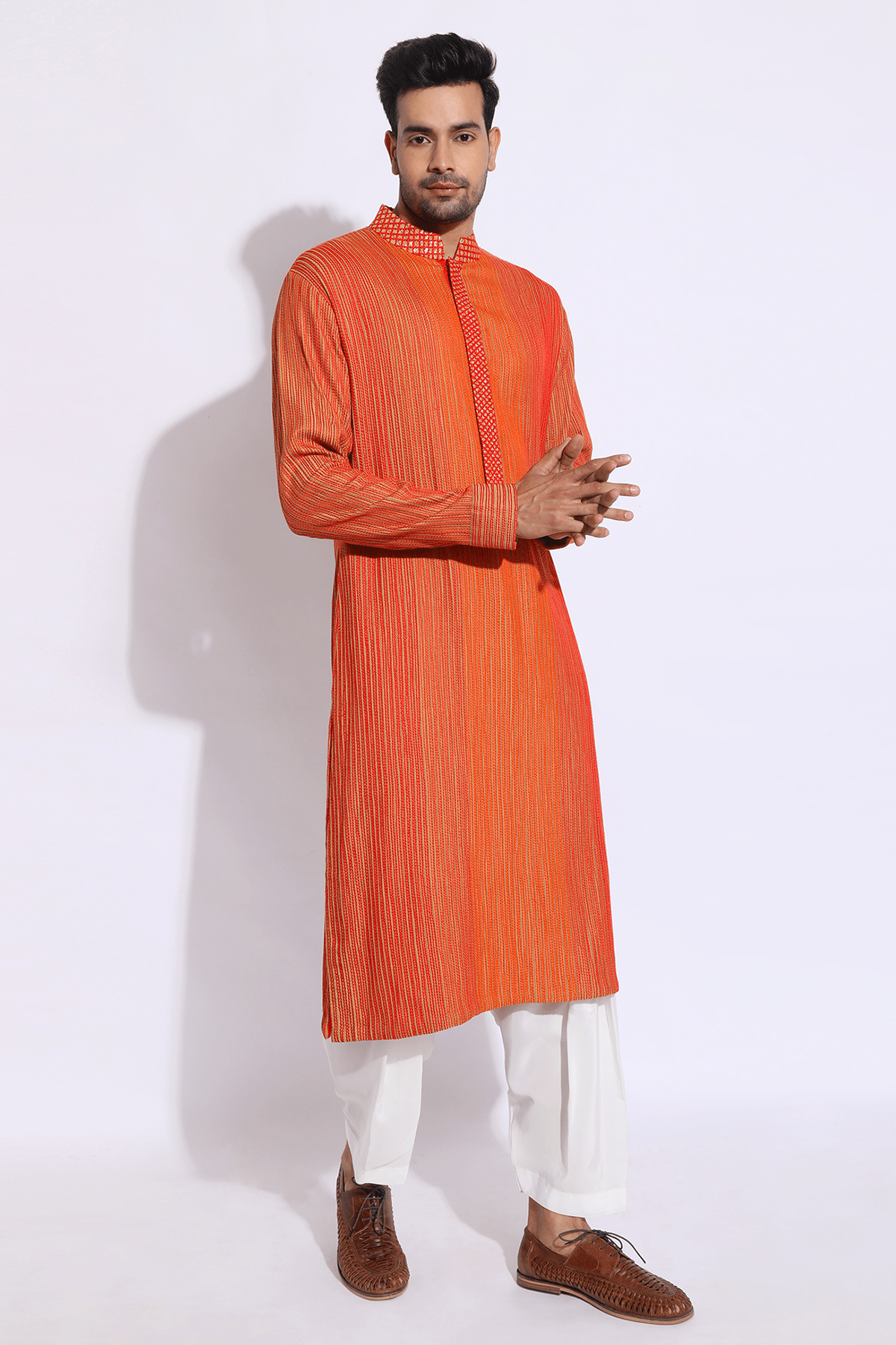 Beige with red and orange thread texture kurta set - Kunal Anil Tanna