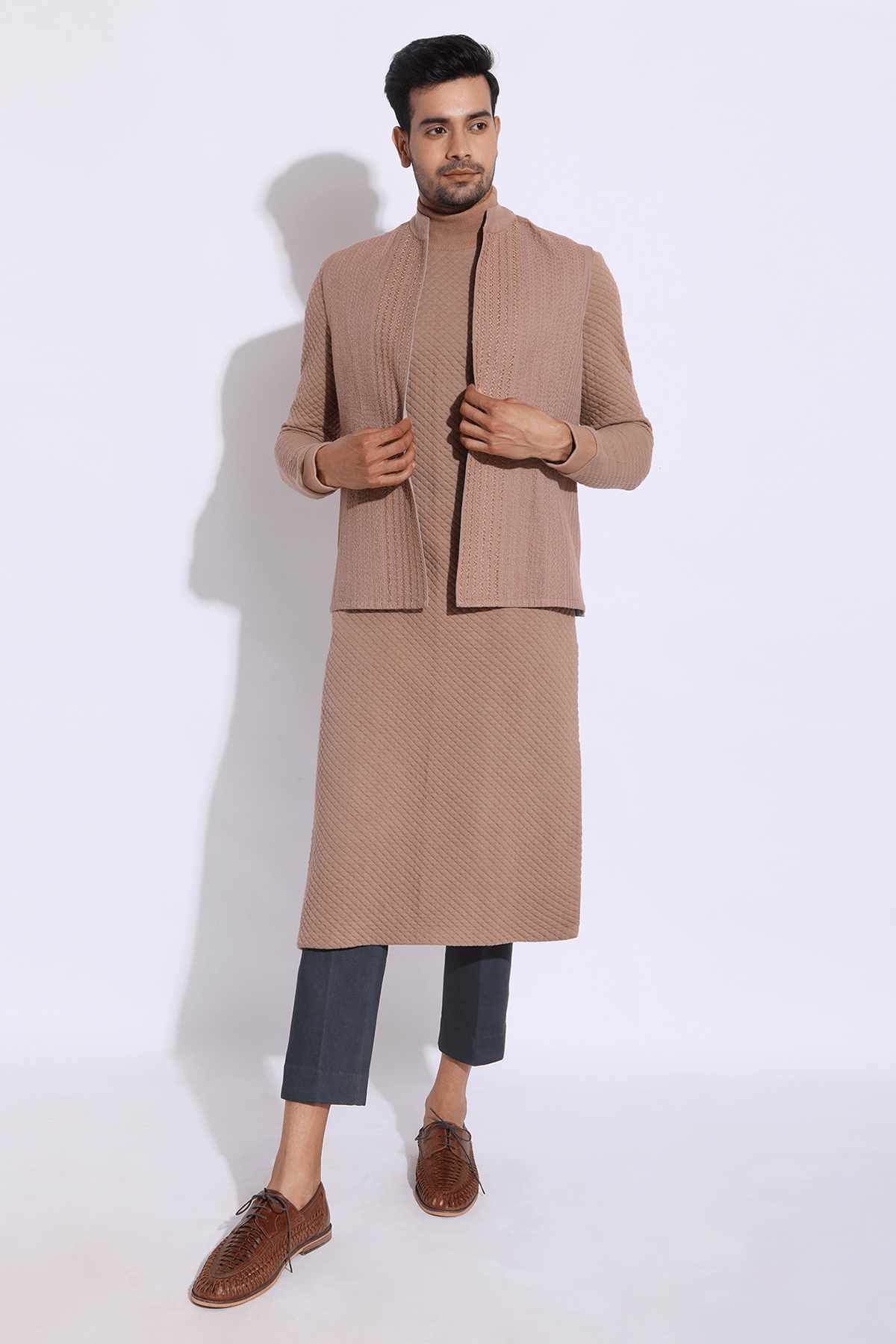 Beige Textured Bandi Jacket with quilted Polo Neck Kurta & Trousers - Kunal Anil Tanna