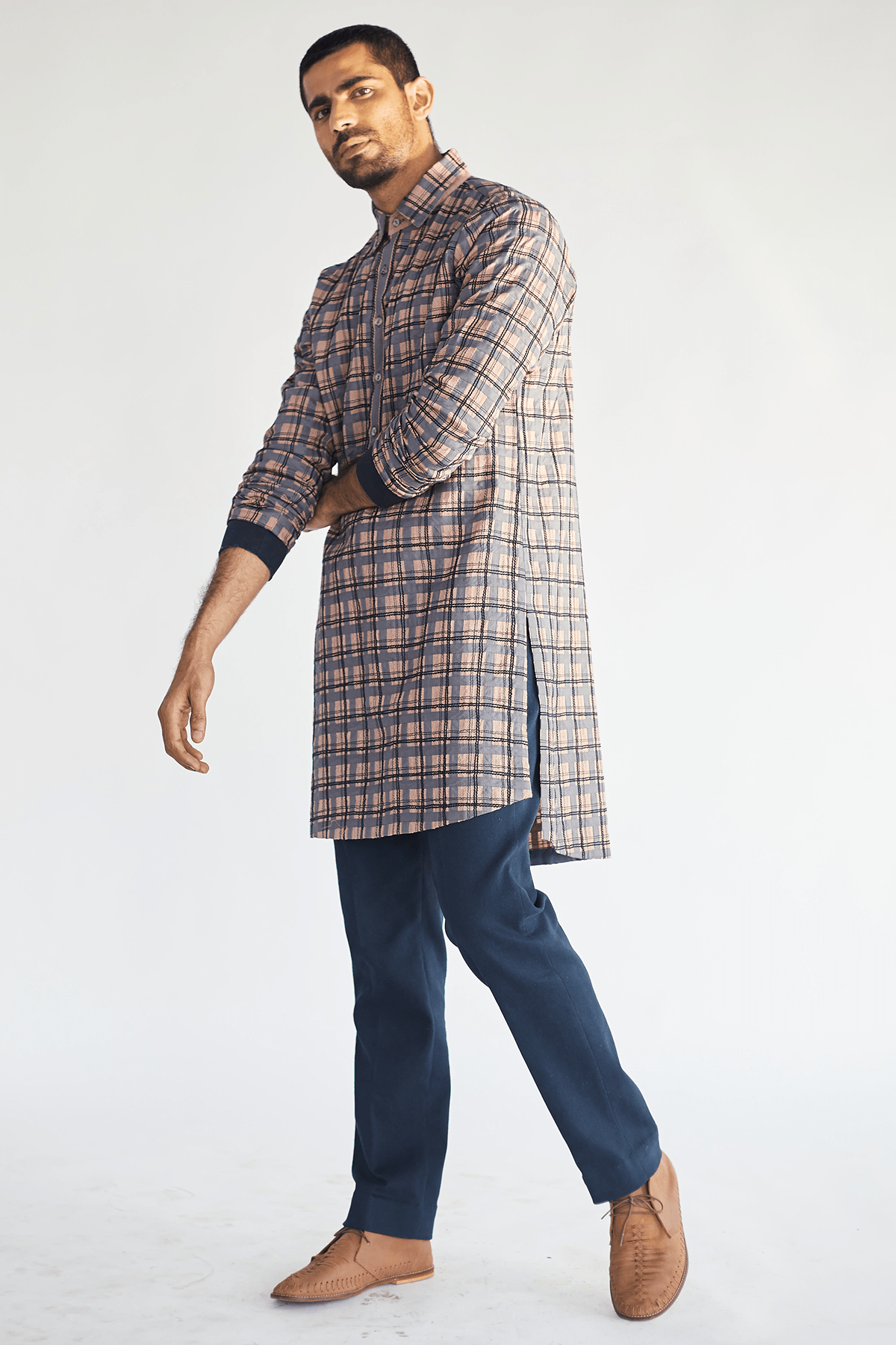 Open Layered Jacket with textured Kurta & Blue Trouser - Kunal Anil Tanna