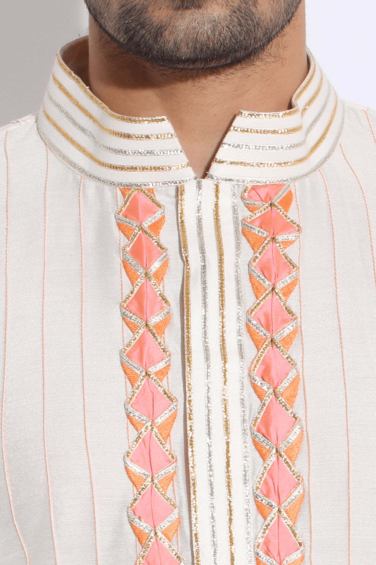 Ivory with Peach and Orange Pleating Detail Kurta Set - Kunal Anil Tanna