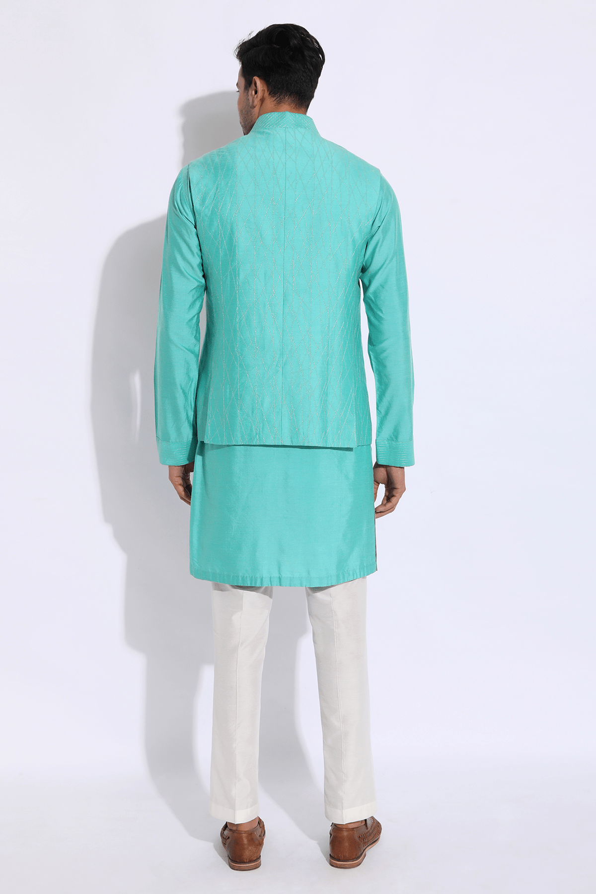 Turquoise blue with gold zari texture bandi kurta set - Kunal Anil Tanna